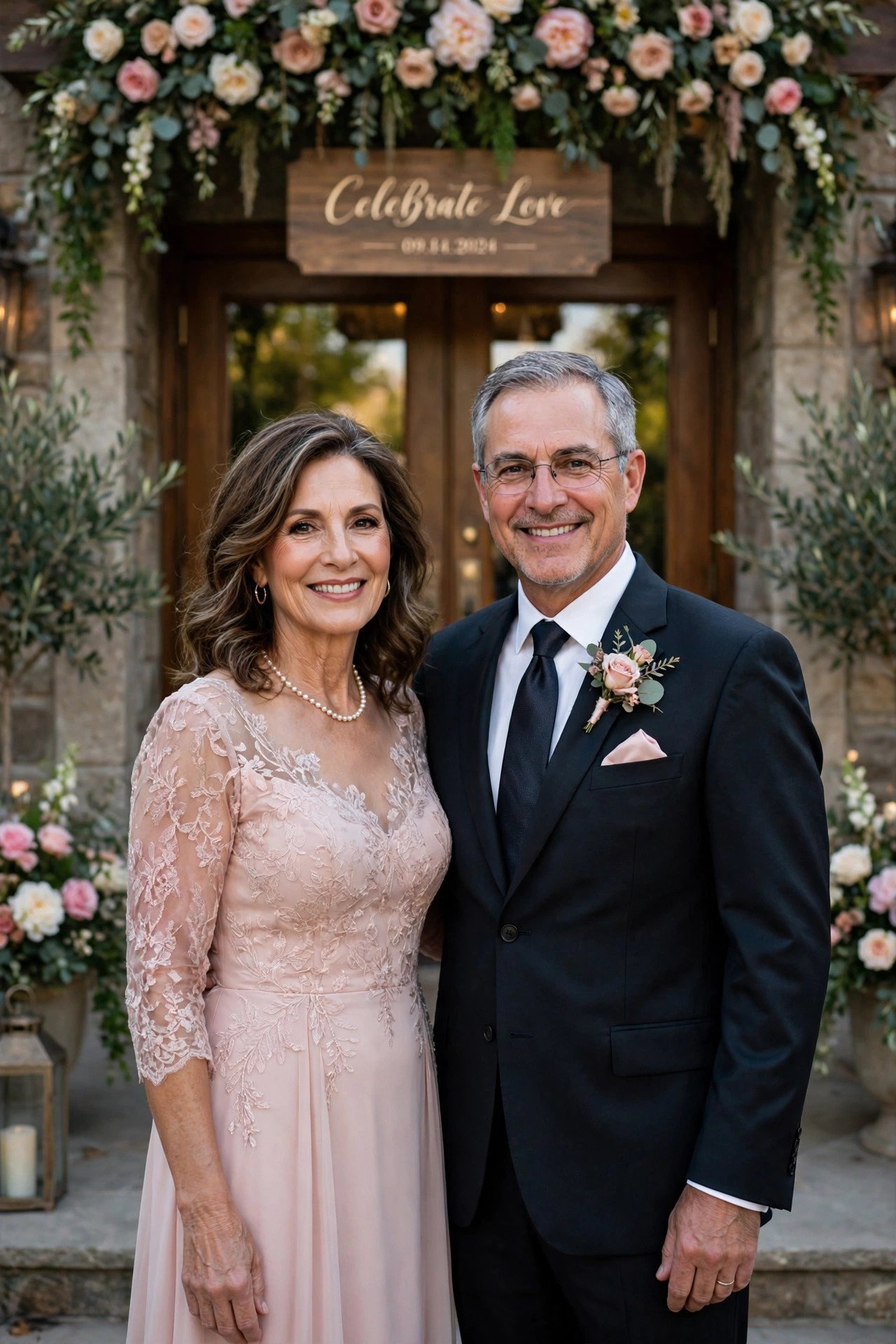 Mother and father of the groom dressed elegantly for wedding day in formal attire