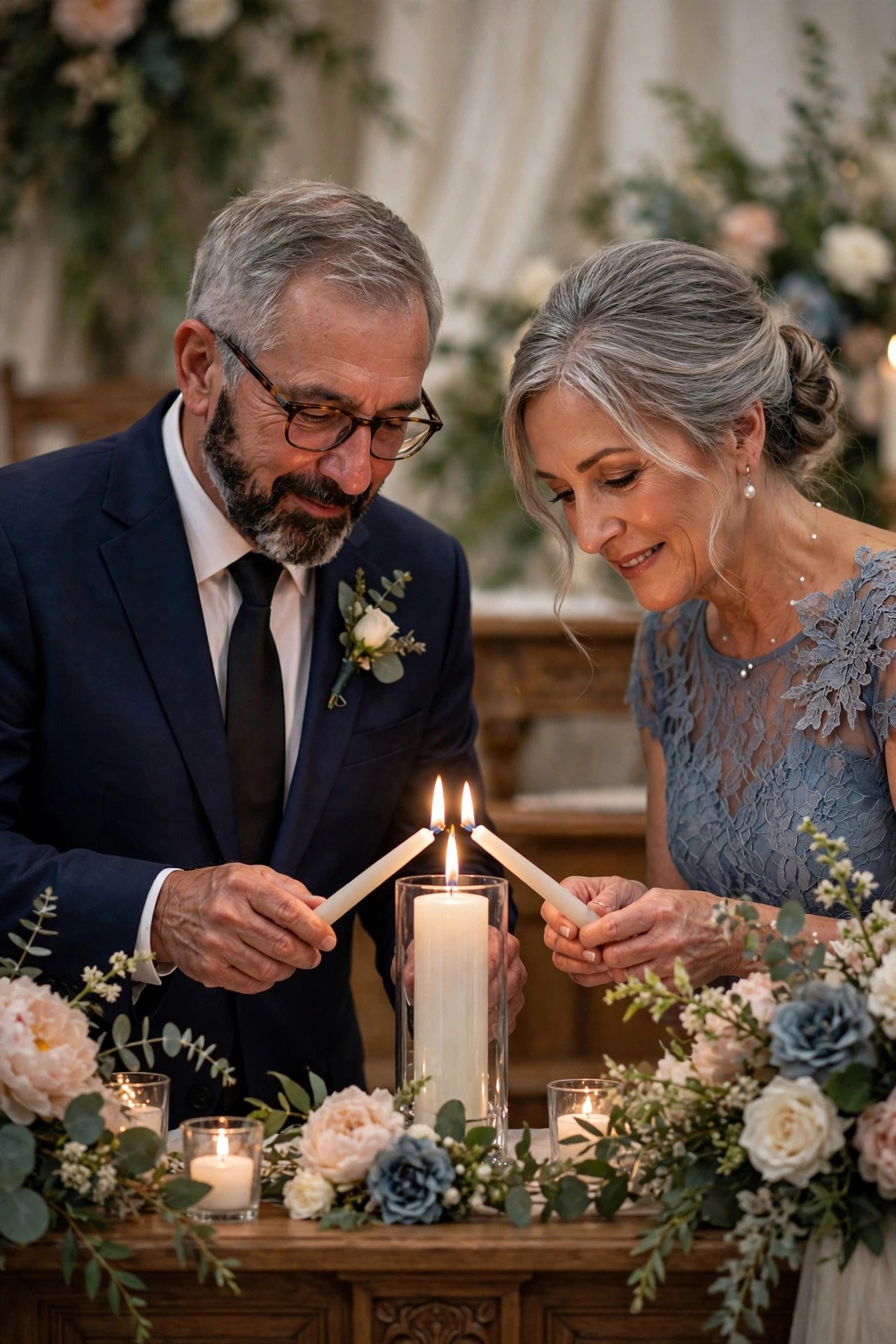 Groom's parents participating in wedding ceremony lighting unity candle together