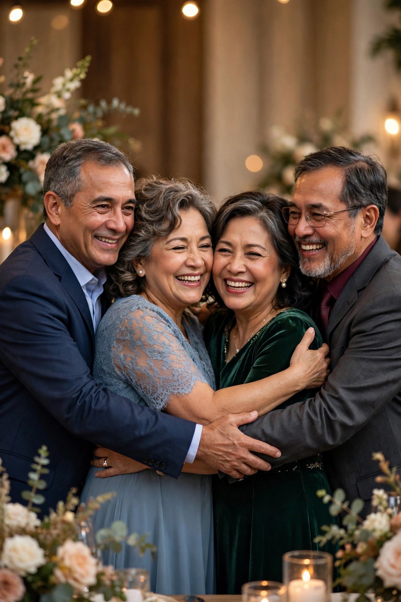 Groom's parents warmly greeting bride's parents with hugs at wedding celebration