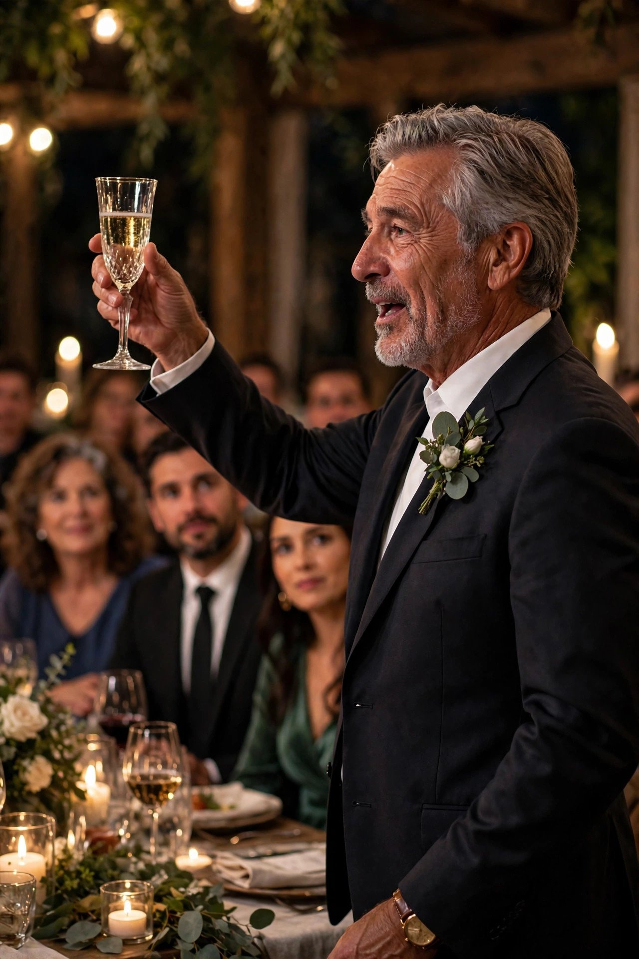 Father of the groom giving heartfelt toast with glass raised at rehearsal dinner