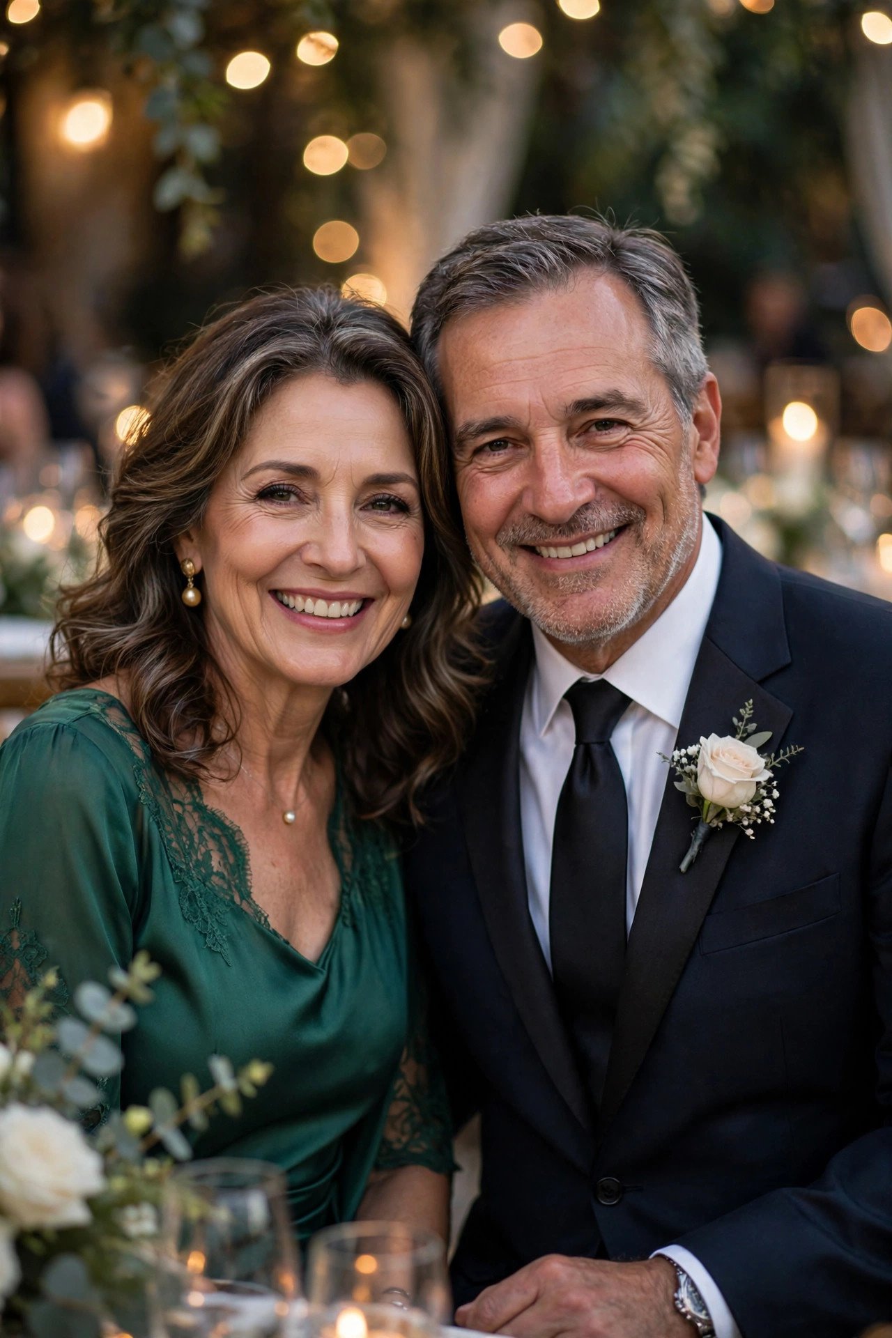 Elegant parents of the groom at a wedding reception smiling warmly