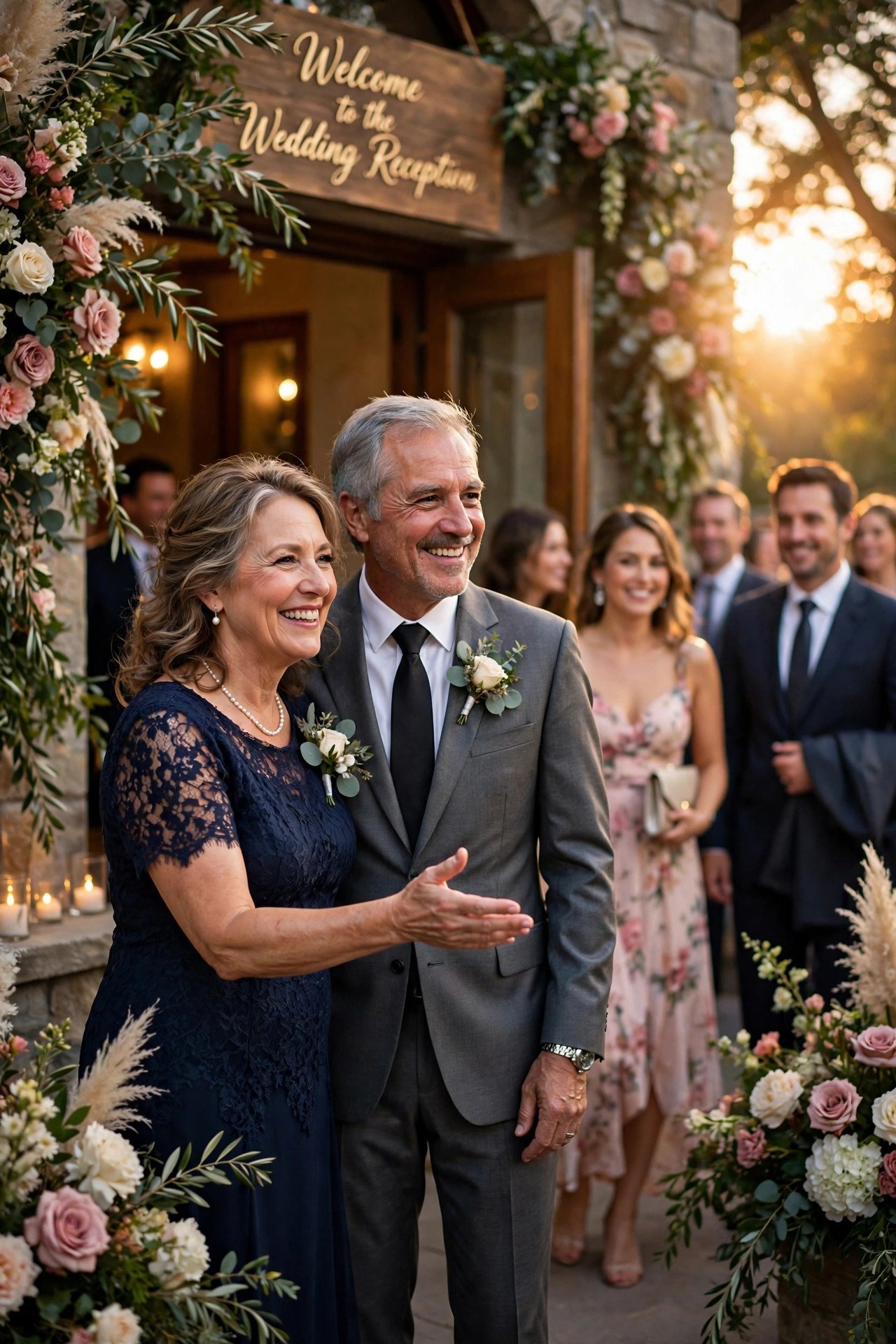 Groom's parents warmly welcoming wedding guests at the reception