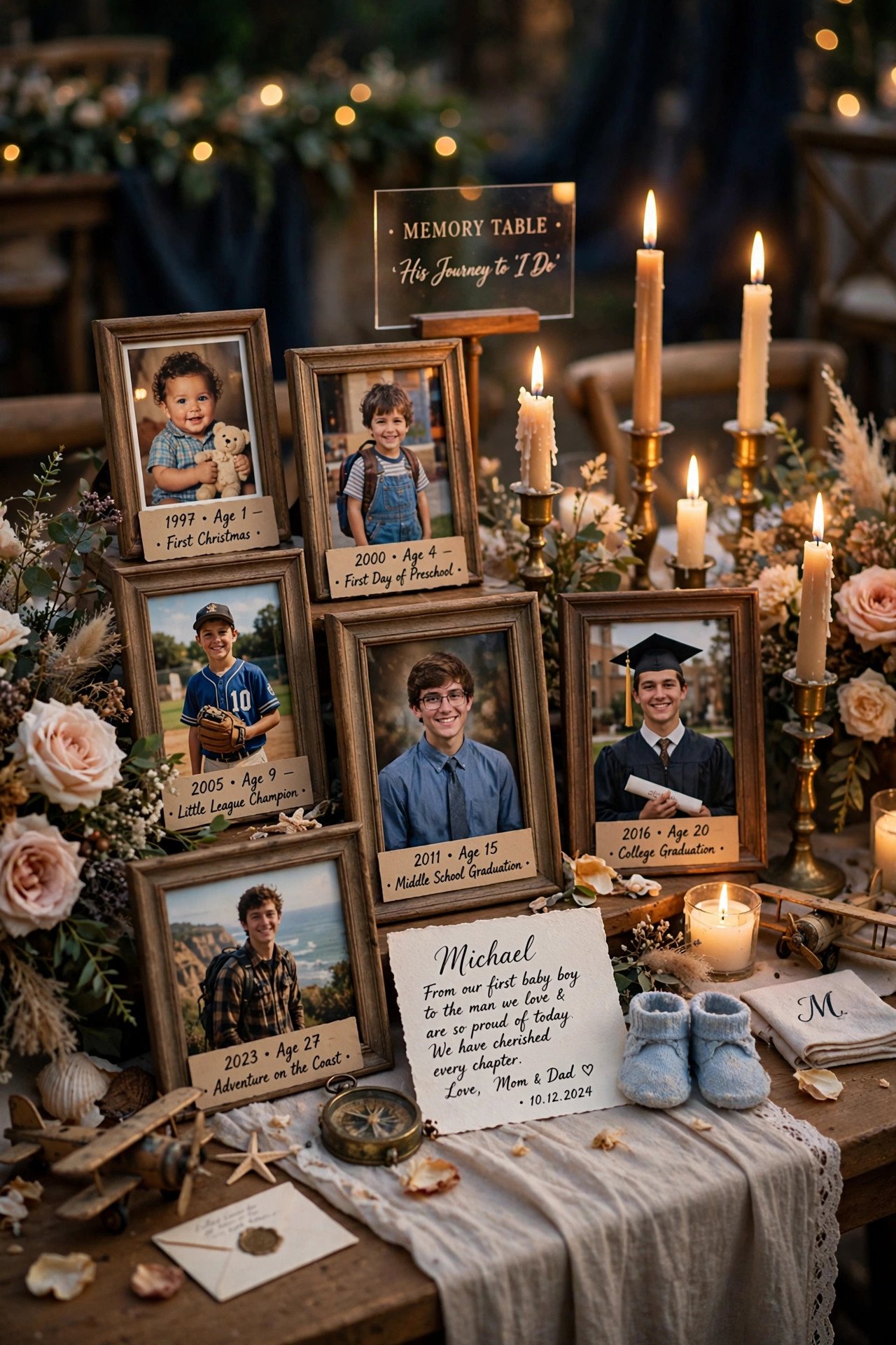 Nostalgic childhood photos of the groom displayed on a wedding memory table