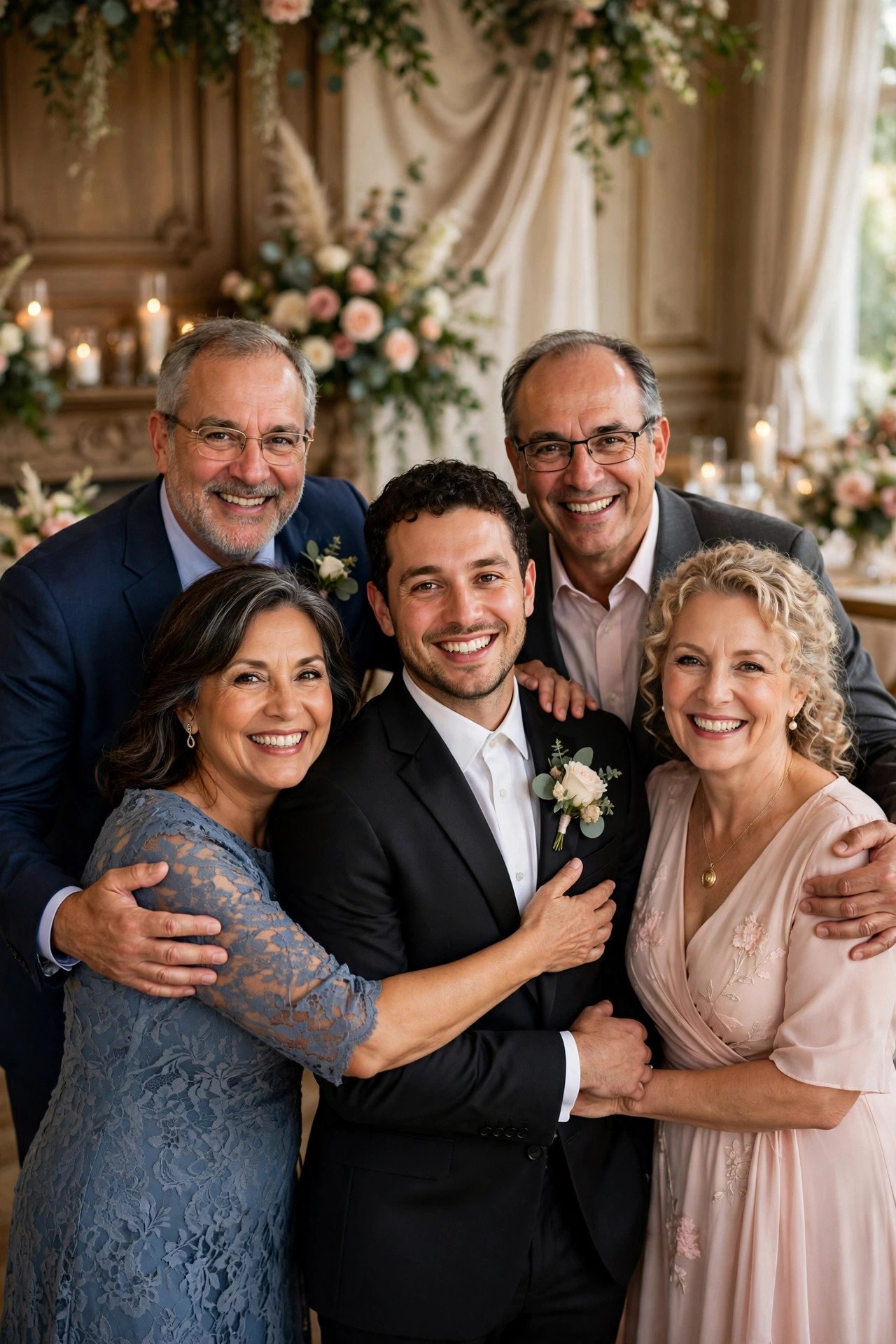Happy blended family embracing together with the groom at a wedding