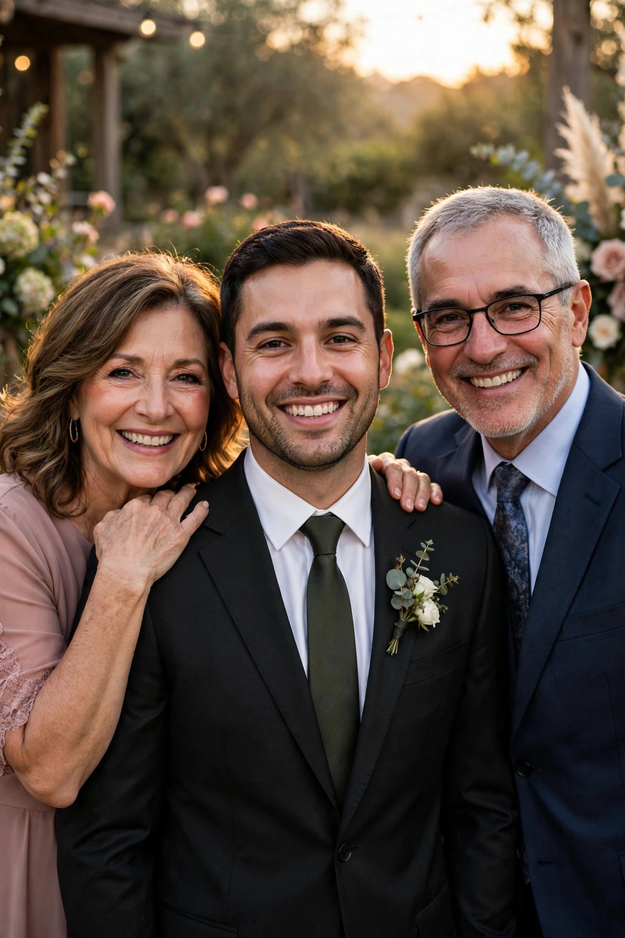 Proud parents standing with their son the groom in his wedding suit at golden hour