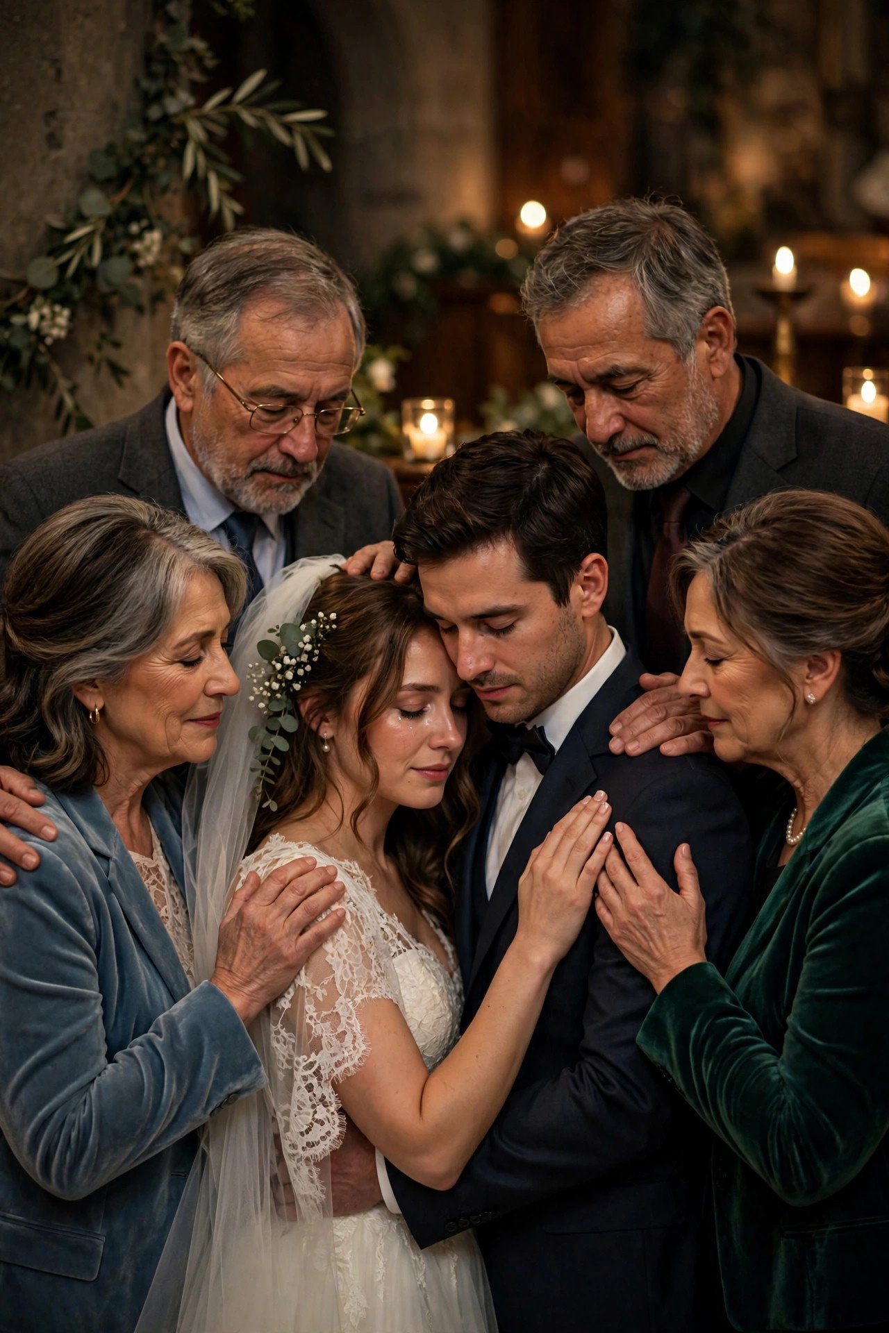 Parents blessing the newlywed couple with hands on their shoulders in warm candlelight