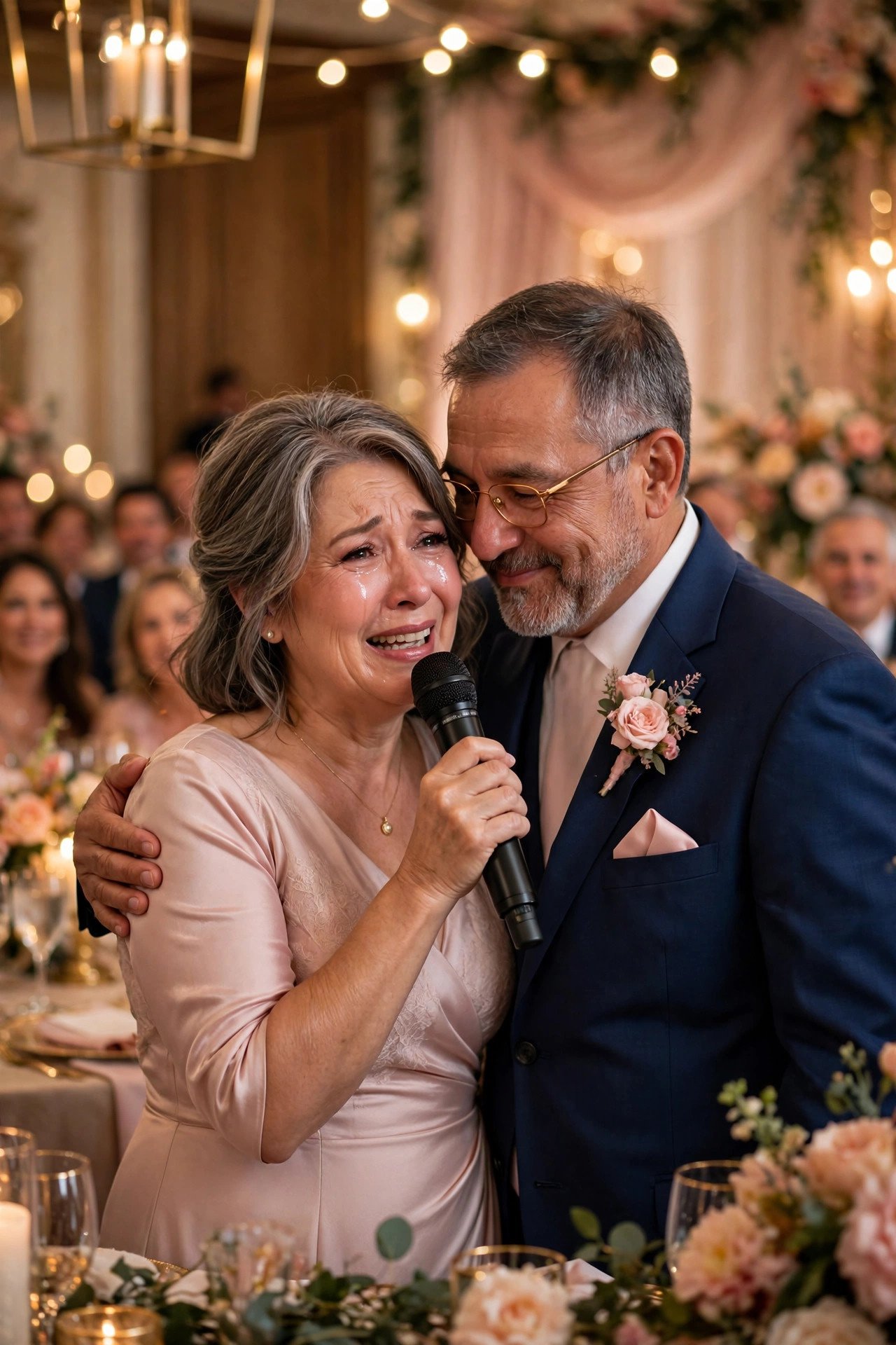 Emotional parents of the groom giving a heartfelt wedding reception speech with a microphone