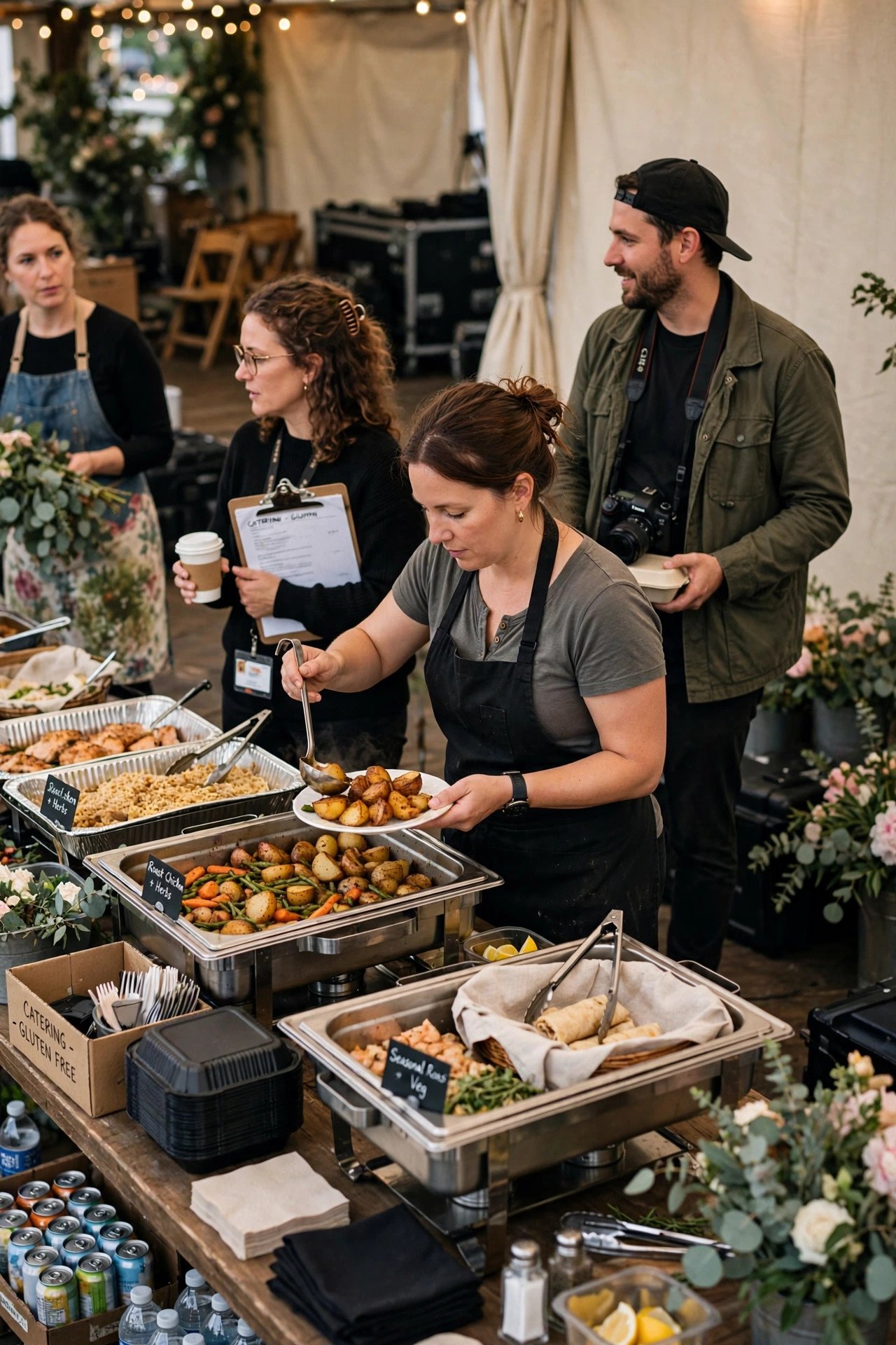 Catered vendor meals being served to wedding staff behind the scenes