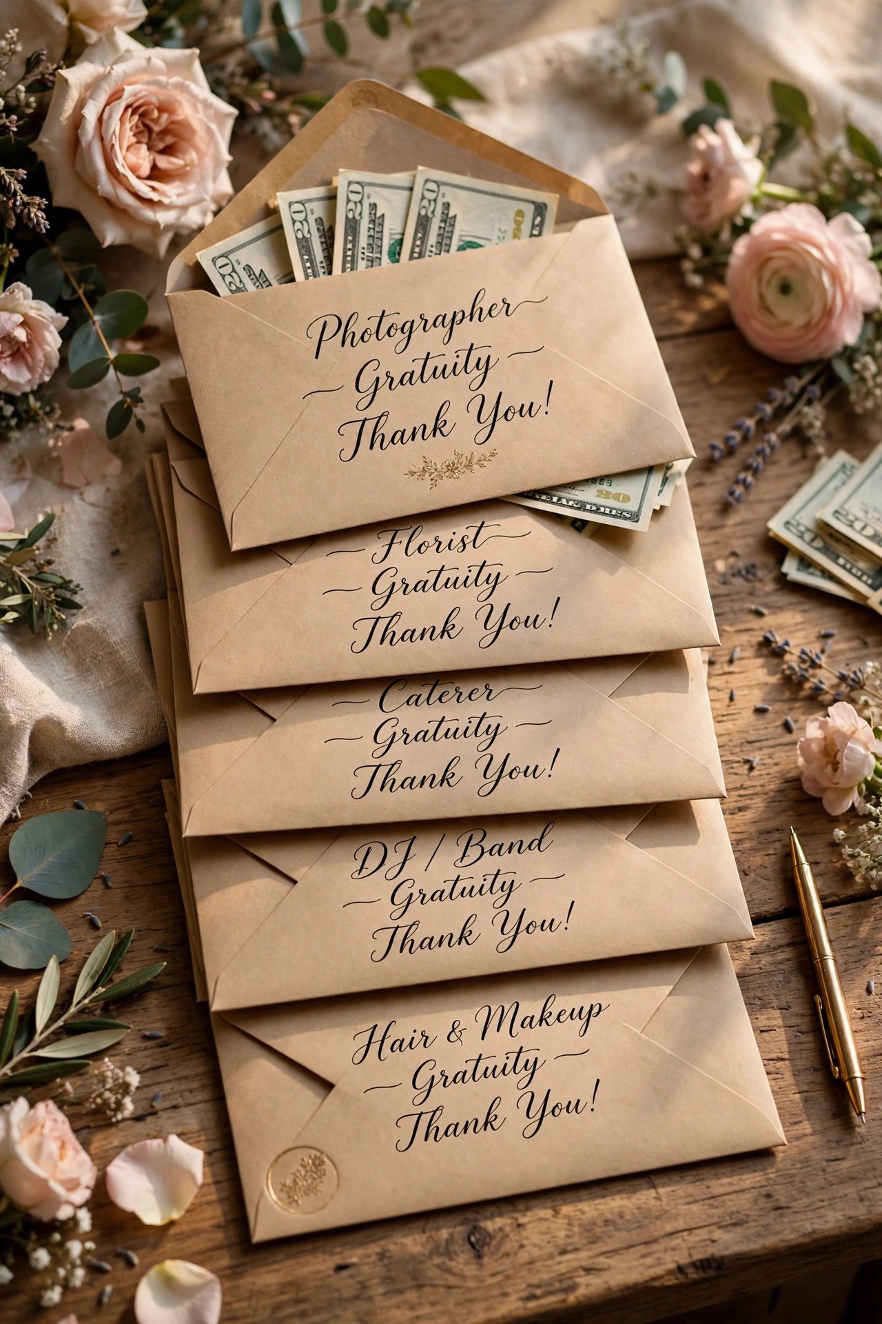 Labeled gratuity envelopes with cash prepared for wedding vendors