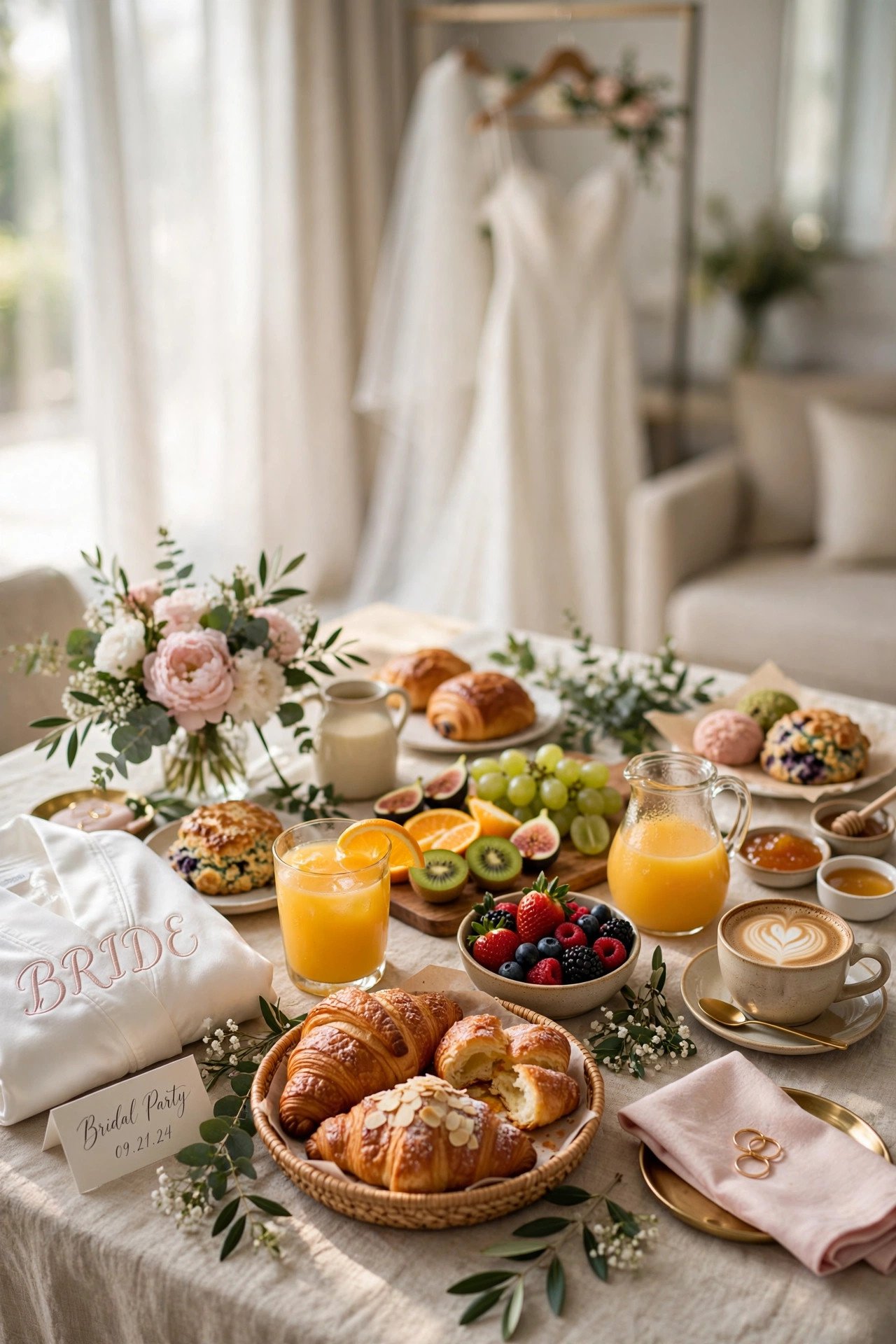 Breakfast platter with pastries fruit and coffee for the bridal party getting ready