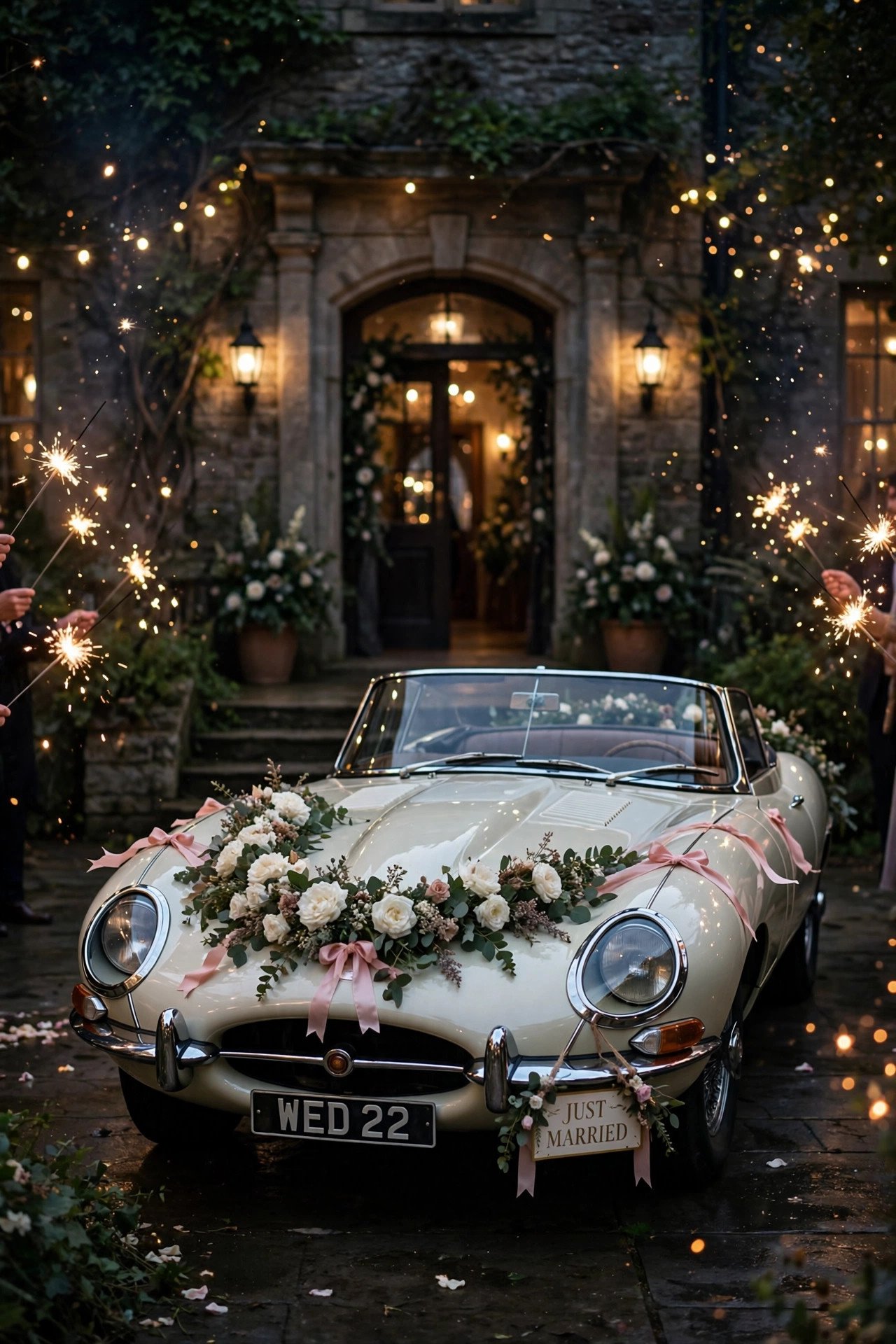 Classic wedding getaway car decorated with flowers ready for the couple's send-off
