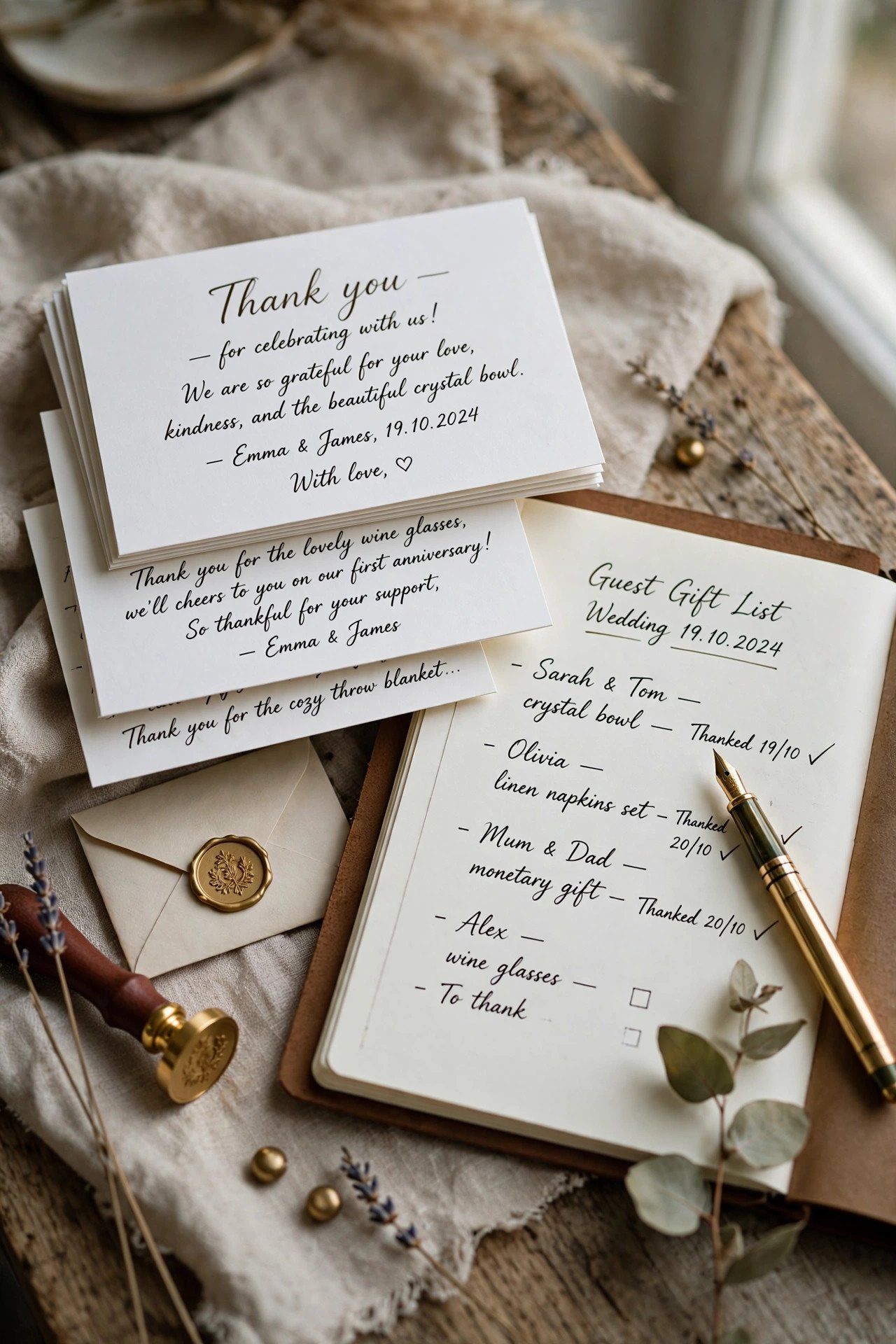 Stack of elegant wedding thank you cards with a guest gift list