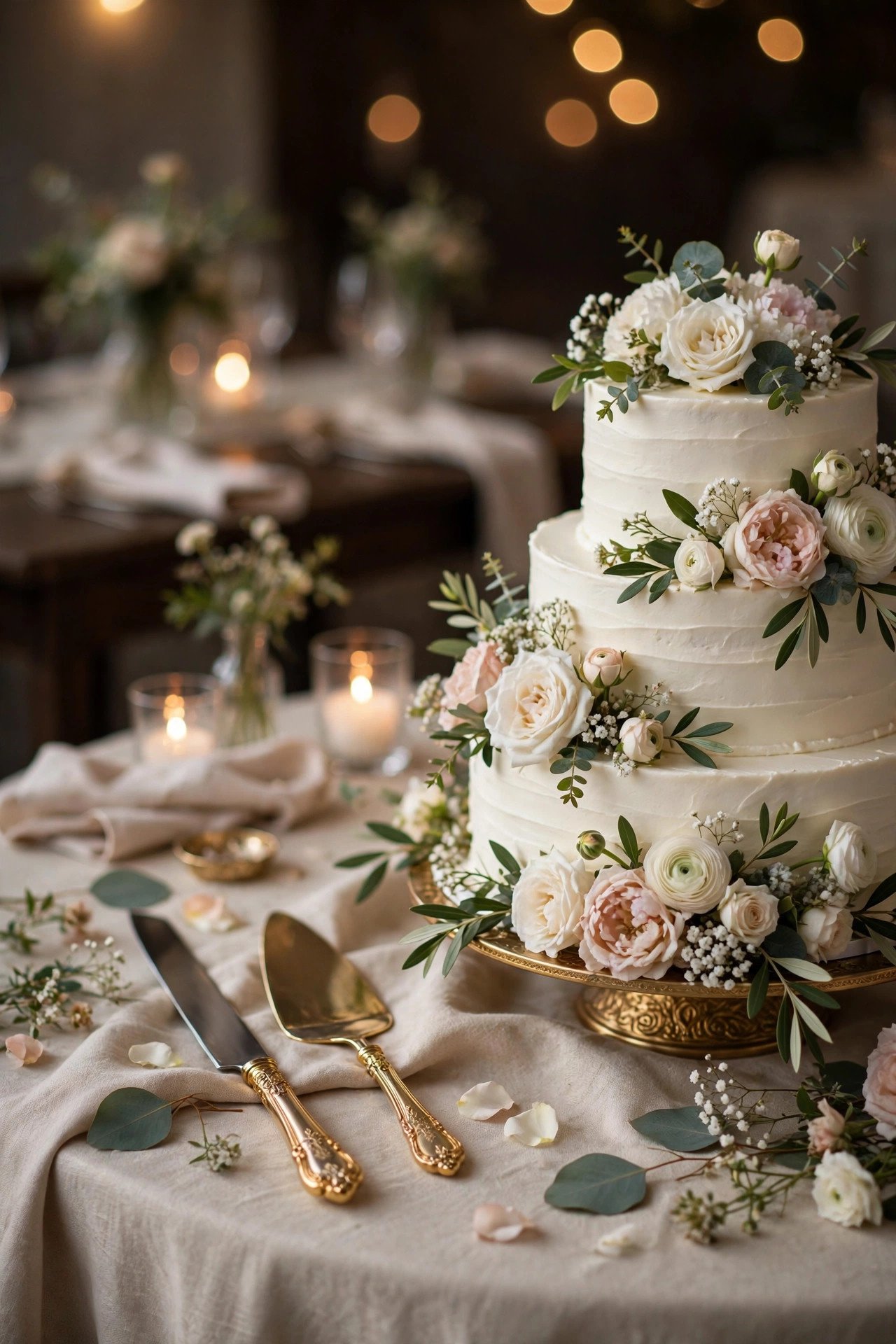 Elegant wedding cake cutting knife and server set beside a tiered cake