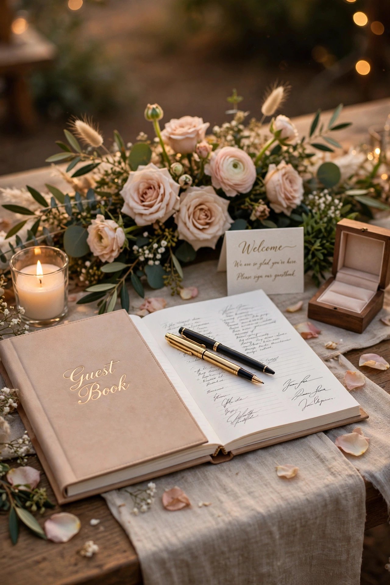 Beautiful wedding guest book with elegant pens on a decorated entry table