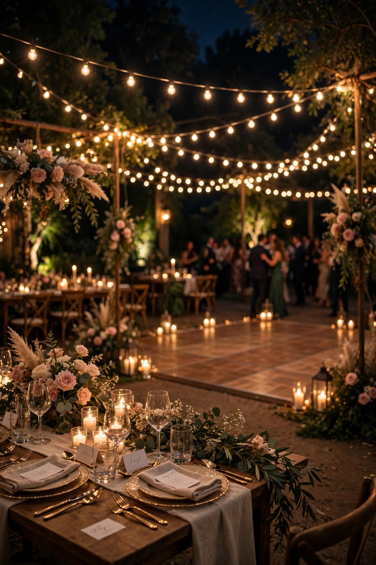 Romantic string lights and candles glowing at an evening wedding reception