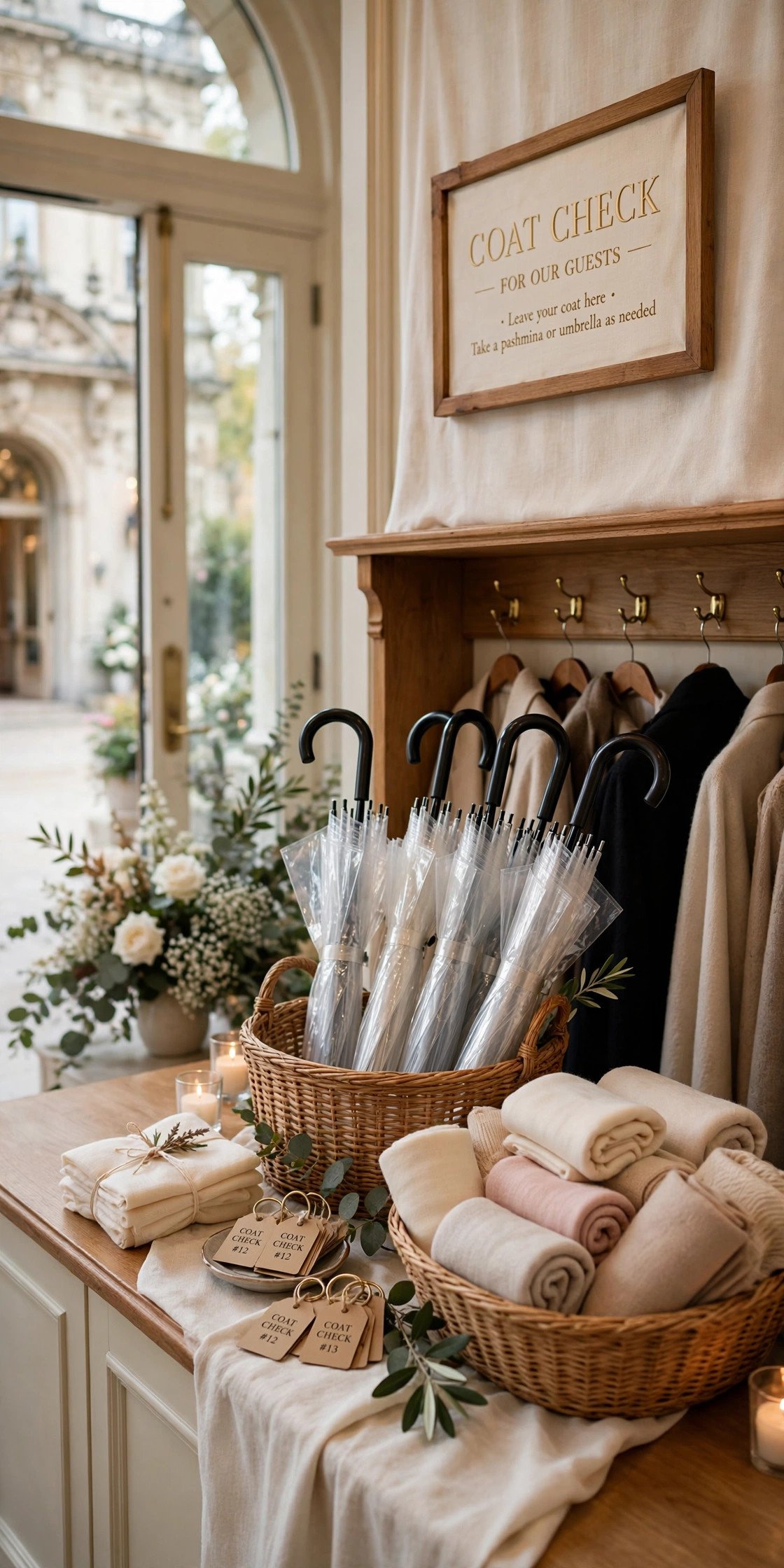 Wedding coat check area with umbrellas and wraps for guests