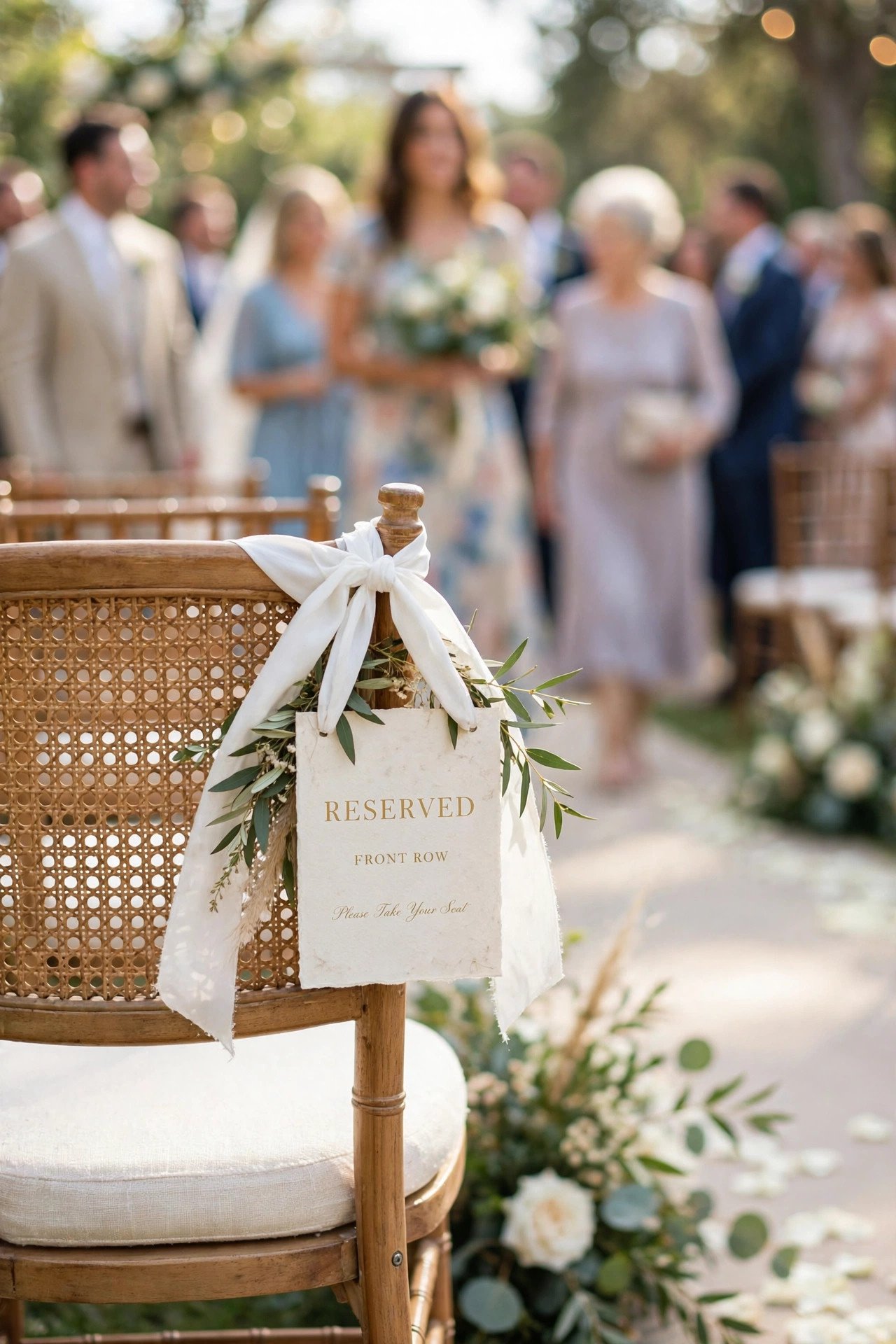 Elegant reserved seating sign on a front row wedding ceremony chair