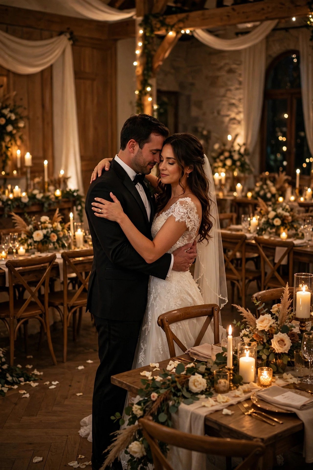 Newlywed couple sharing a private last dance alone in the empty reception hall