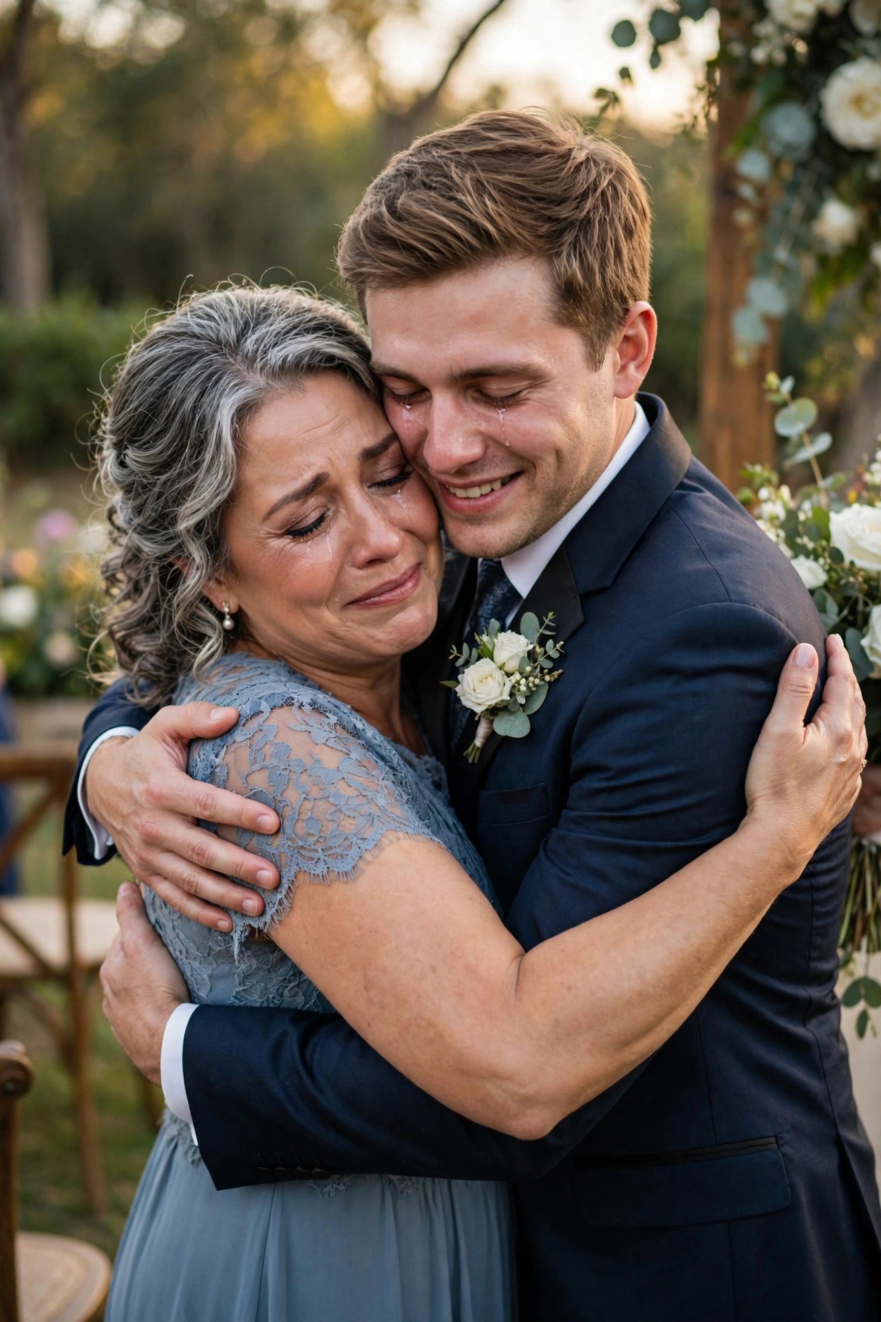 Emotional parent hugging their son on his wedding day