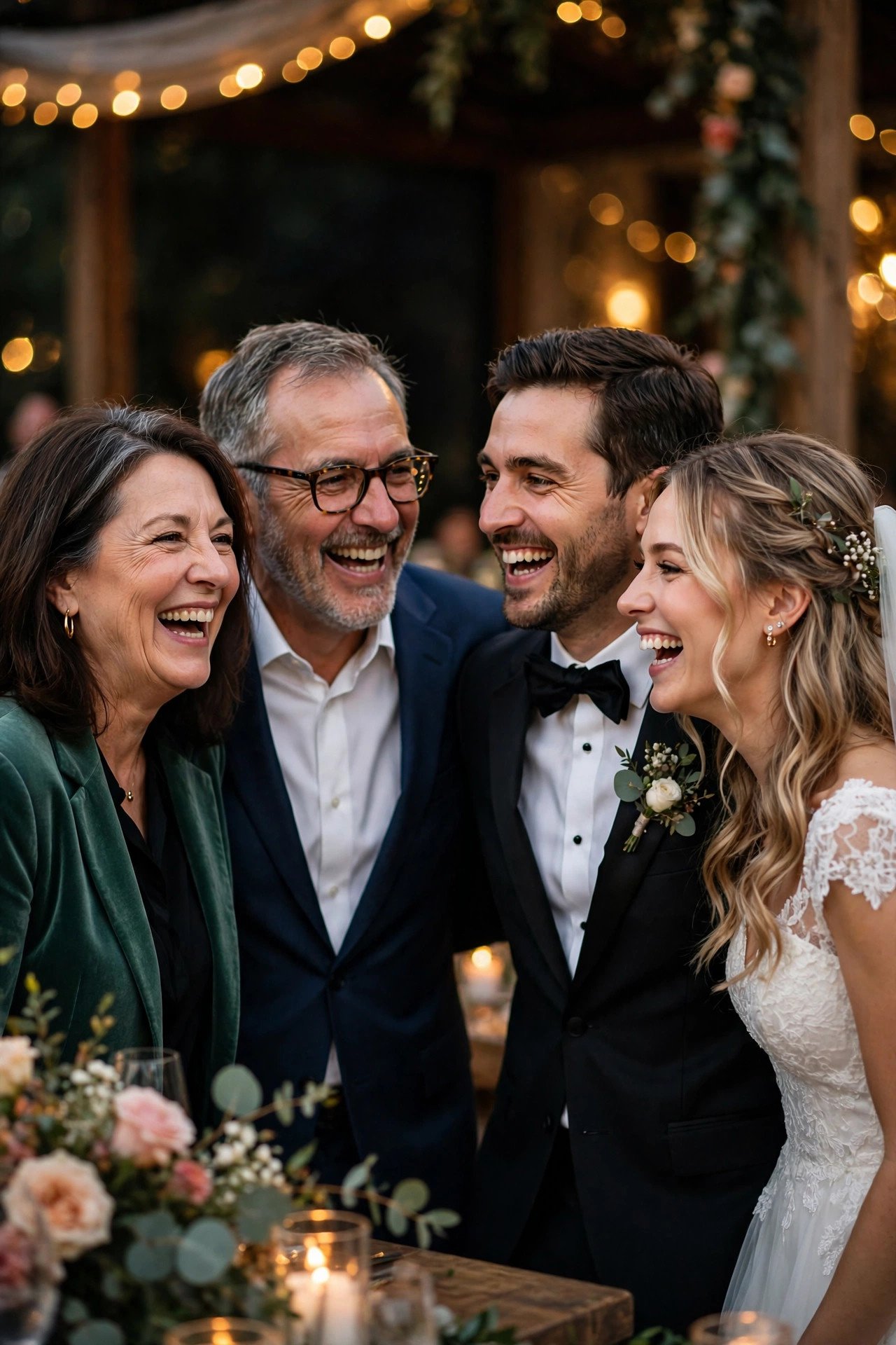 Family laughing together joyfully at a wedding celebration