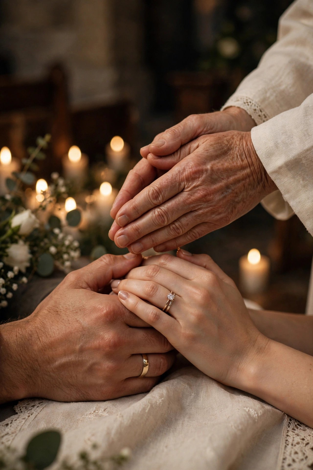 Hands folded in prayer blessing the newlywed couple at a wedding