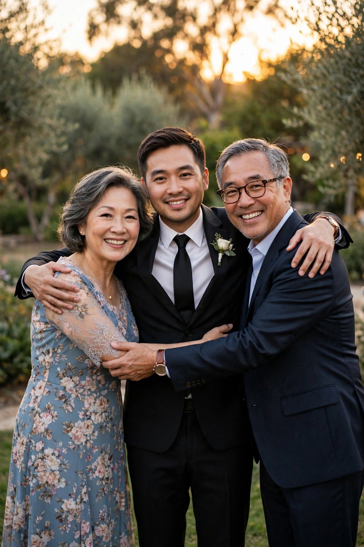 Proud parents standing with their son in his wedding suit