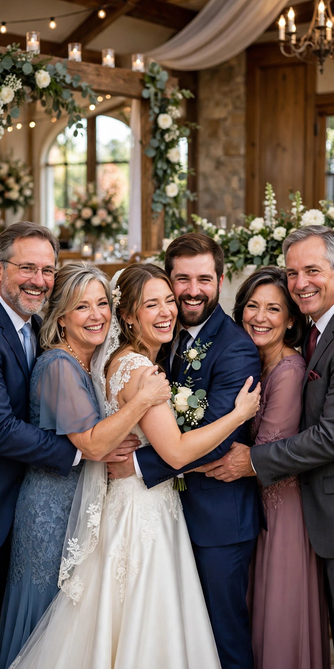 Warm family group hug welcoming the new daughter-in-law at a wedding