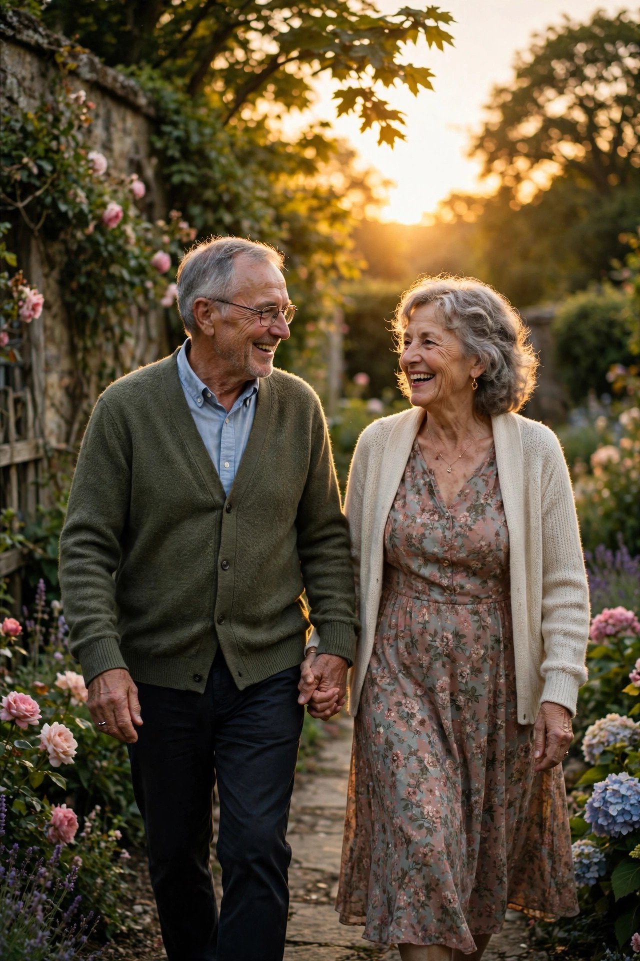 Older couple walking together sharing marriage wisdom