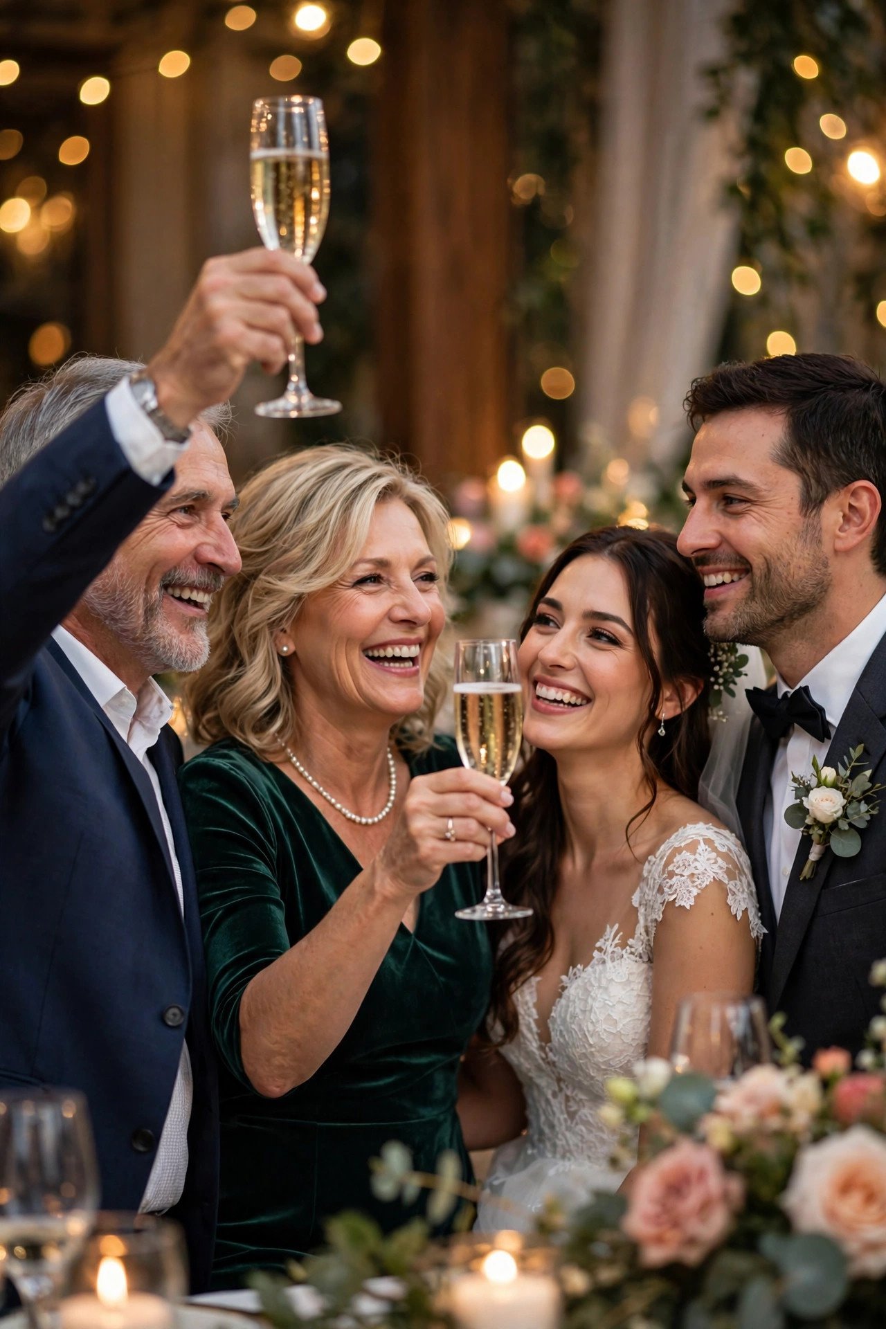 Parents raising champagne glasses in a toast to the newlyweds