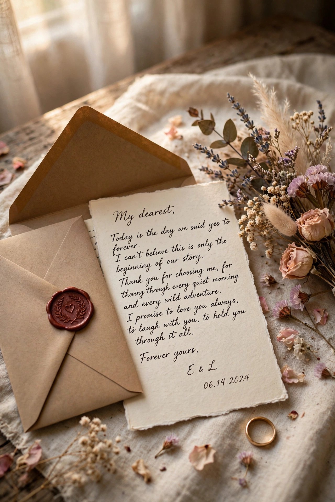 Handwritten keepsake letter in an envelope with a wax seal for the couple