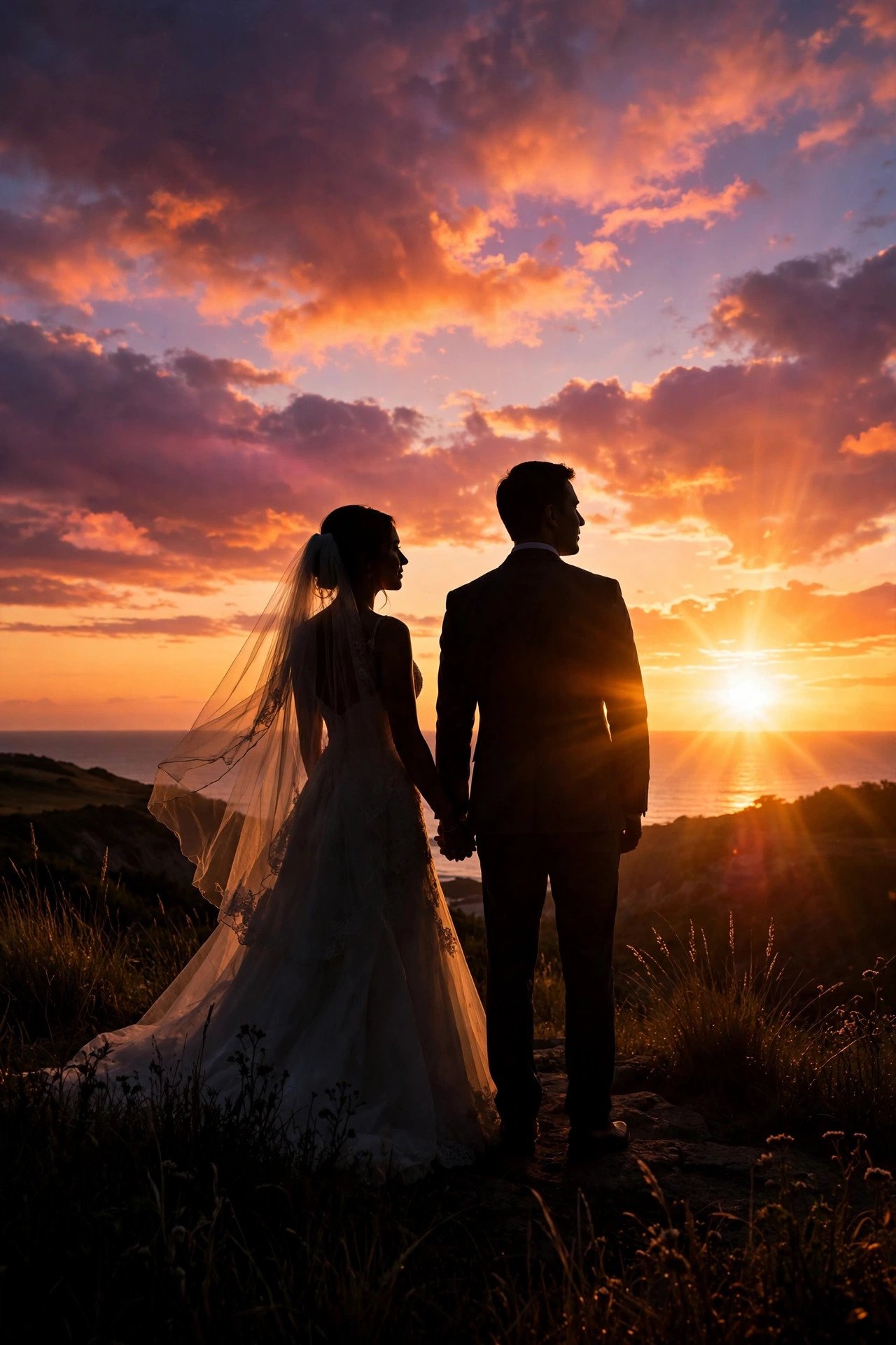 Newlywed couple silhouetted against a sunset looking toward their future