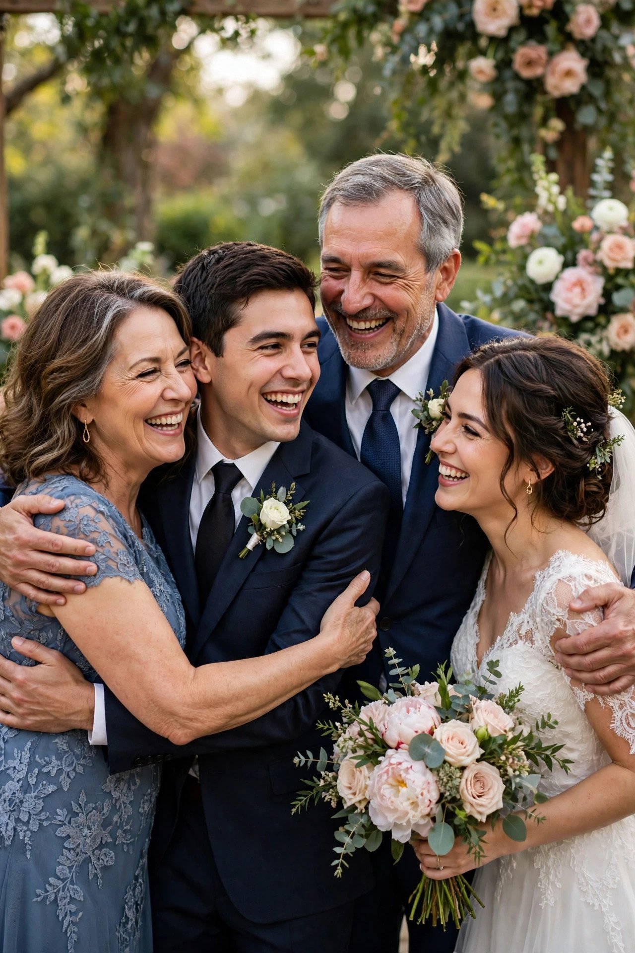 Parents embracing their son and daughter-in-law on the wedding day