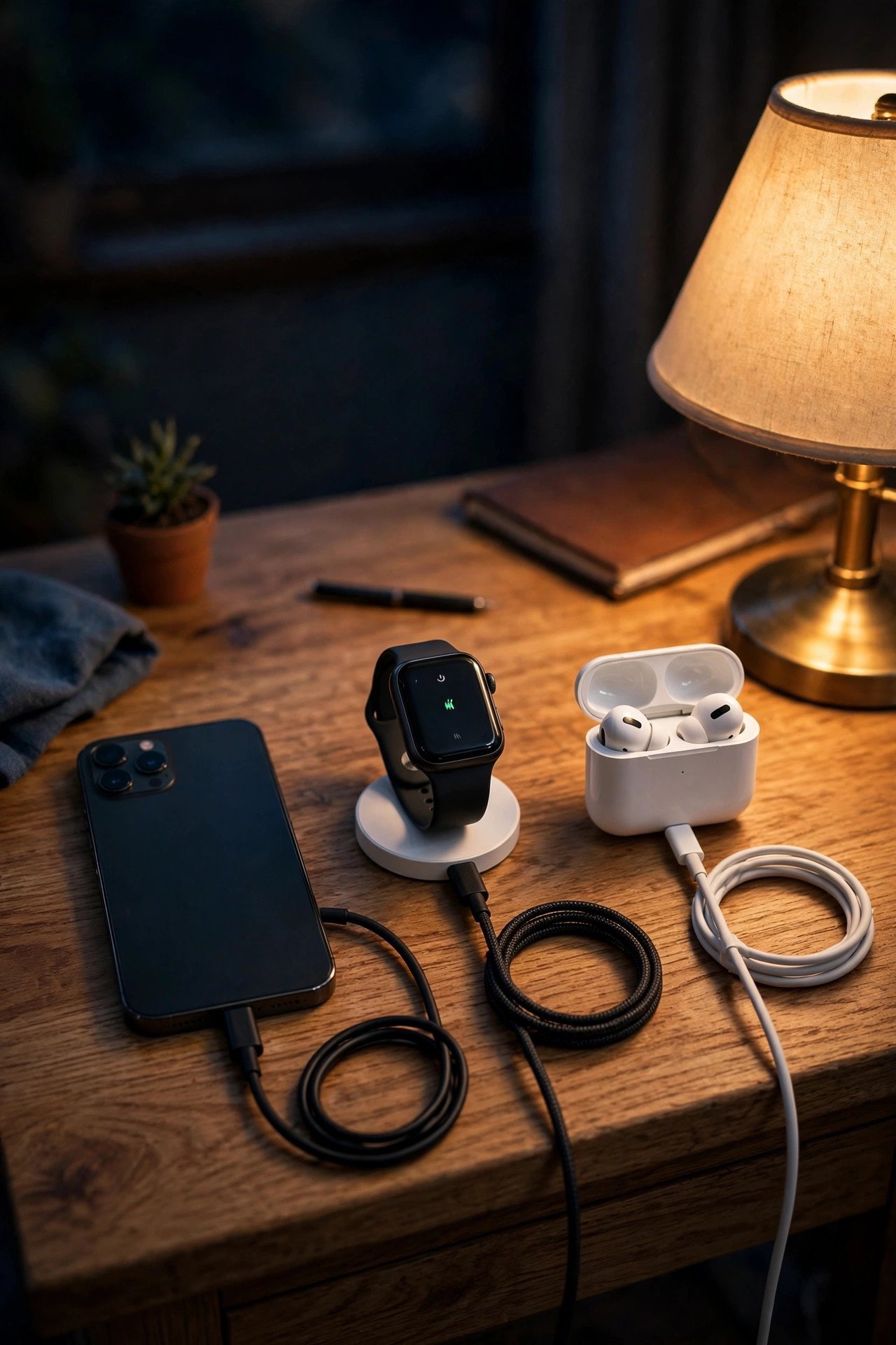 Phone smartwatch and earbuds charging on a nightstand before the wedding