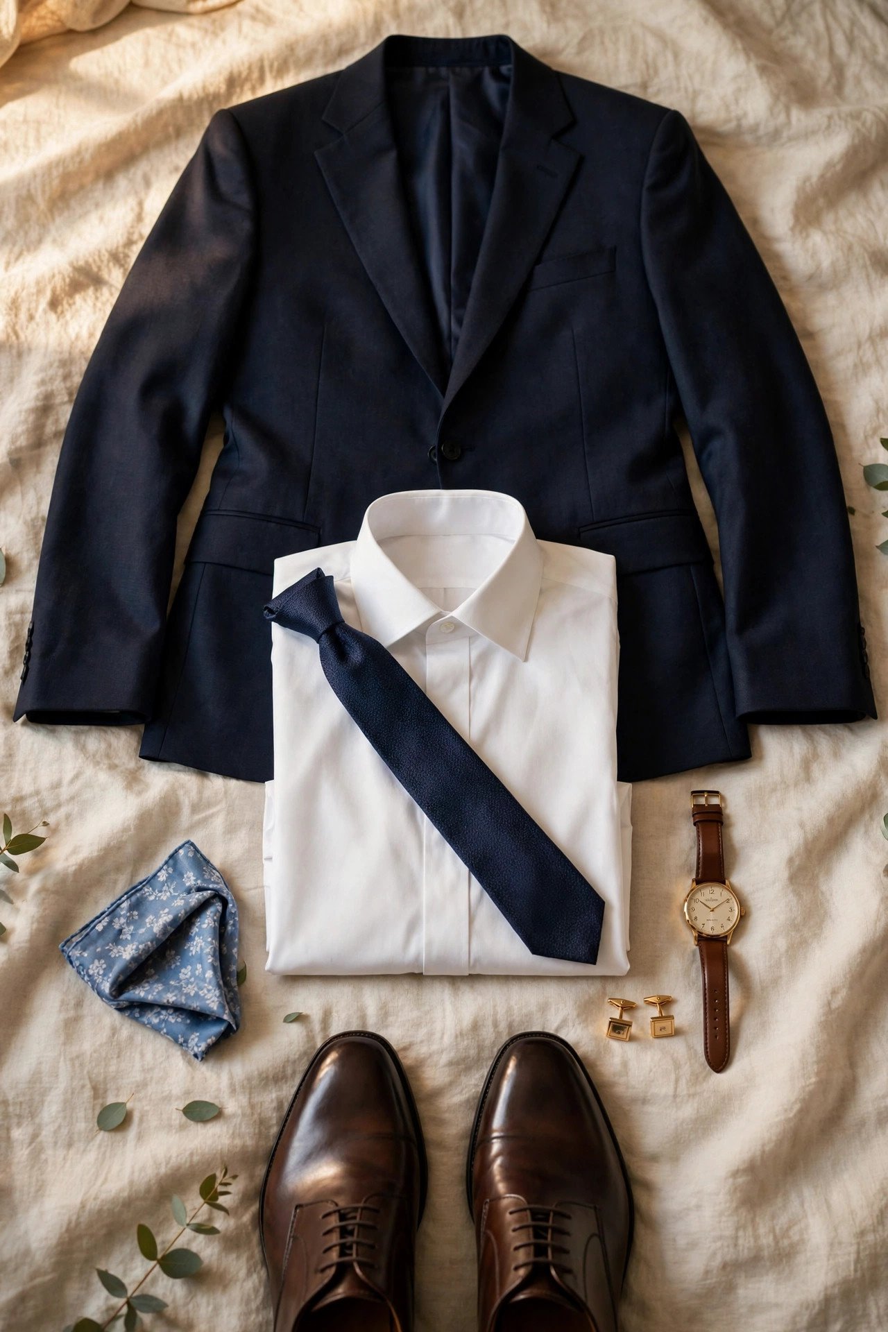 Groom's wedding suit shoes watch and cufflinks laid out neatly