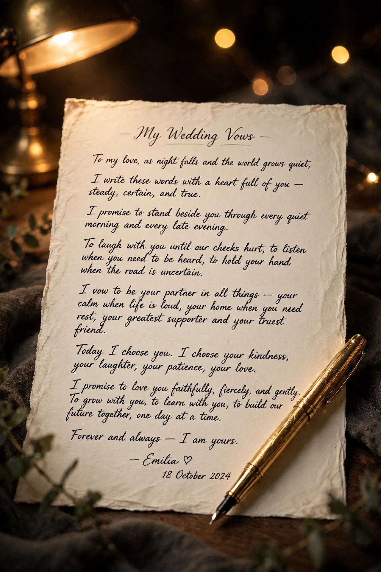 Handwritten wedding vows on paper with a pen in warm lamplight