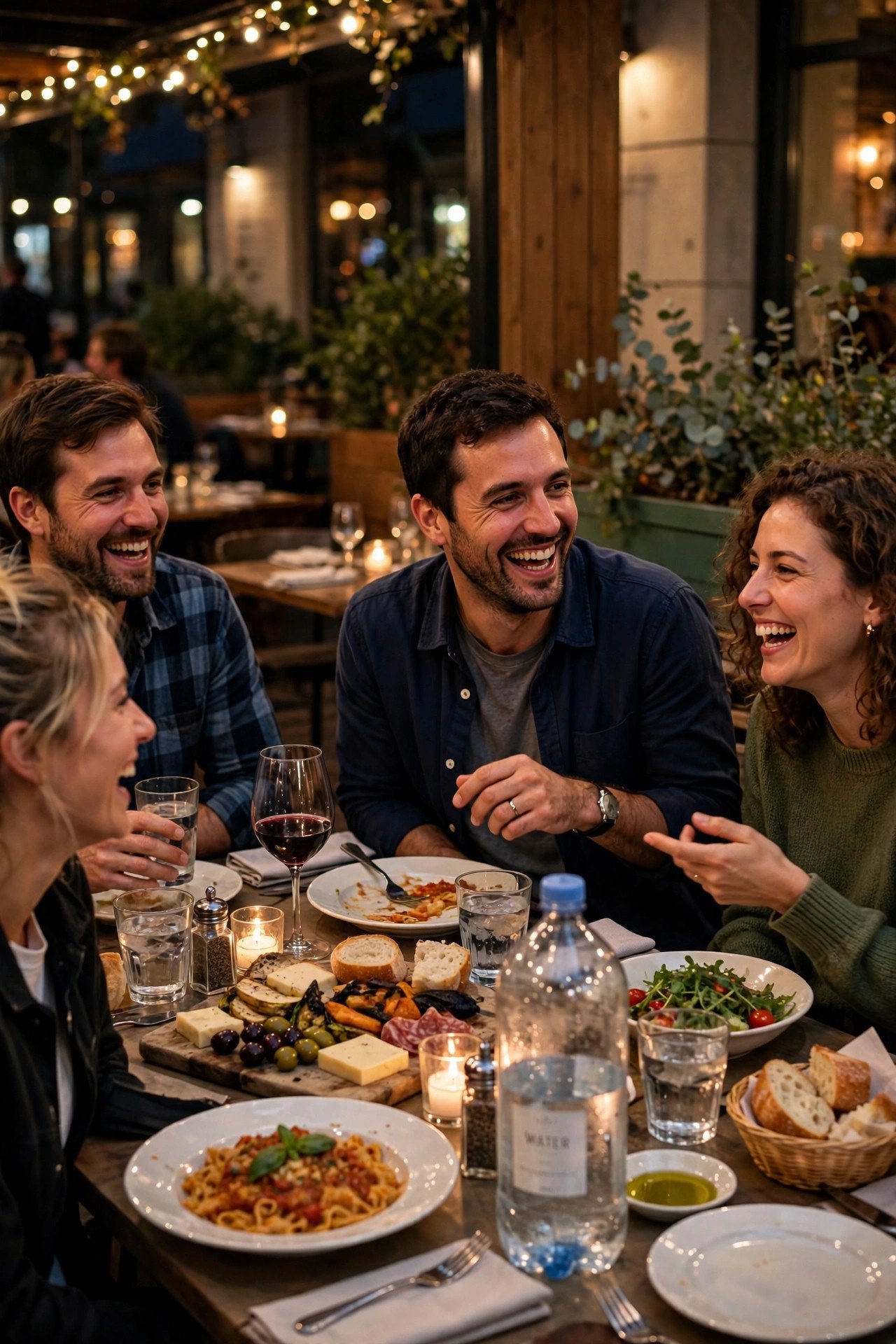 Groom enjoying a proper dinner with friends and a large water bottle