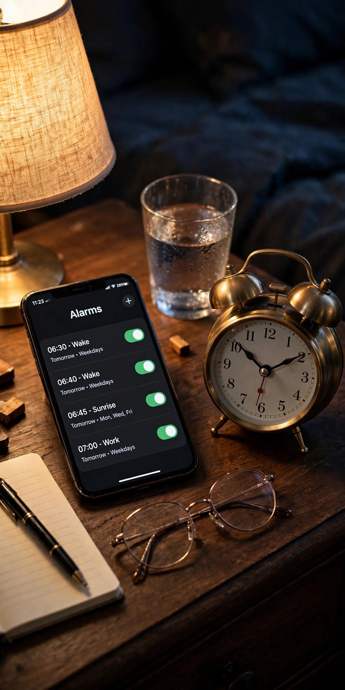 Multiple alarm clocks and a phone set for the wedding morning