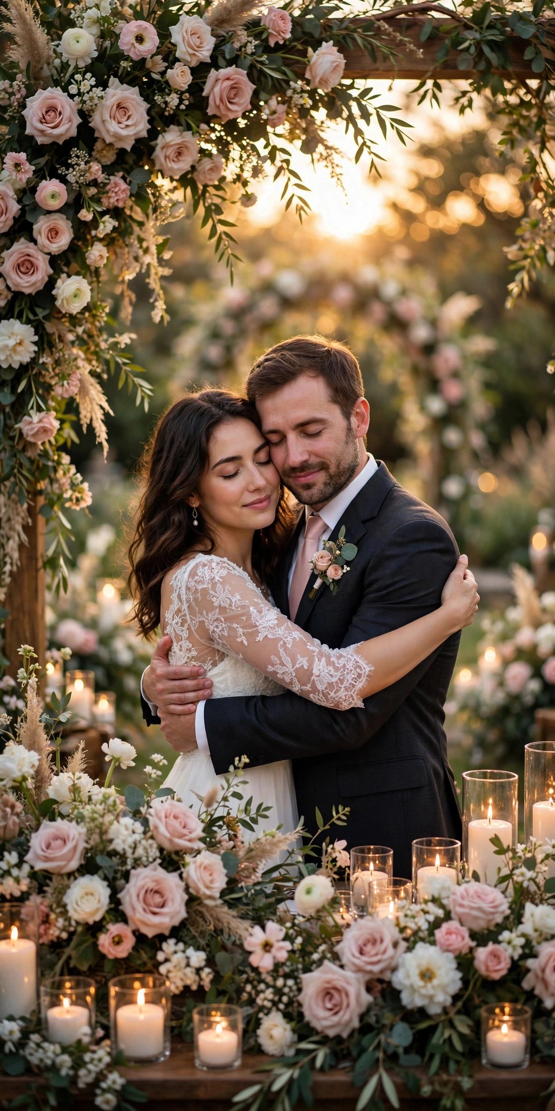 Couple exchanging romantic vows at a floral wedding altar