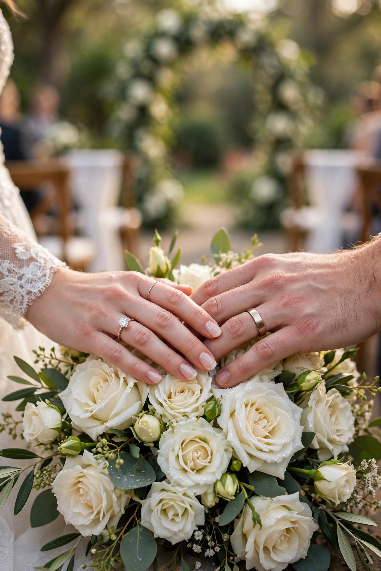 Close-up of wedding rings on a bouquet during the vow exchange