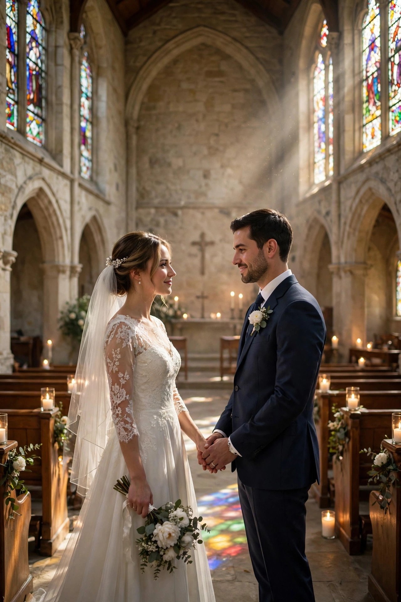 Couple holding hands in a sunlit church chapel during their wedding ceremony