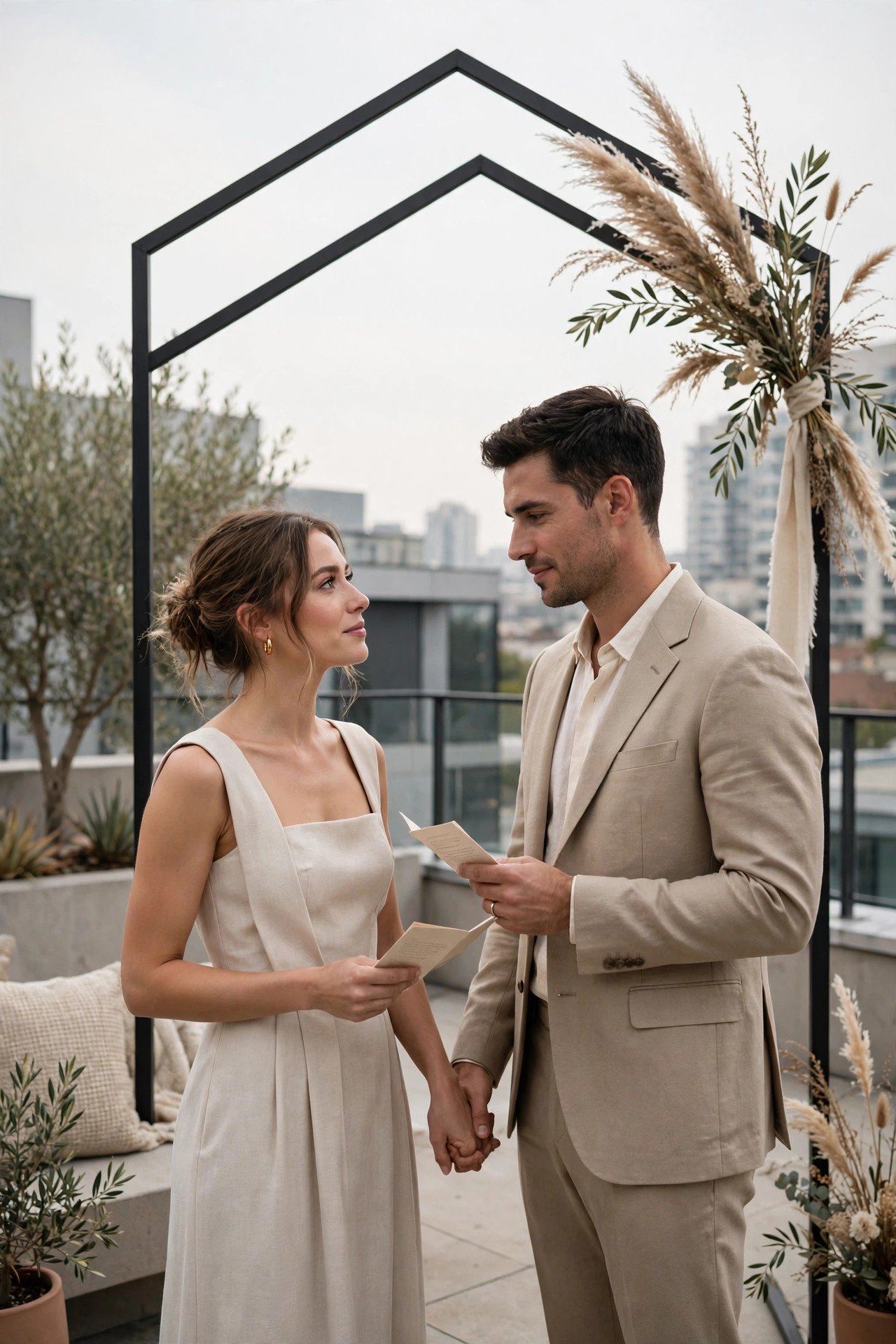 Modern couple exchanging vows under a minimalist ceremony arch