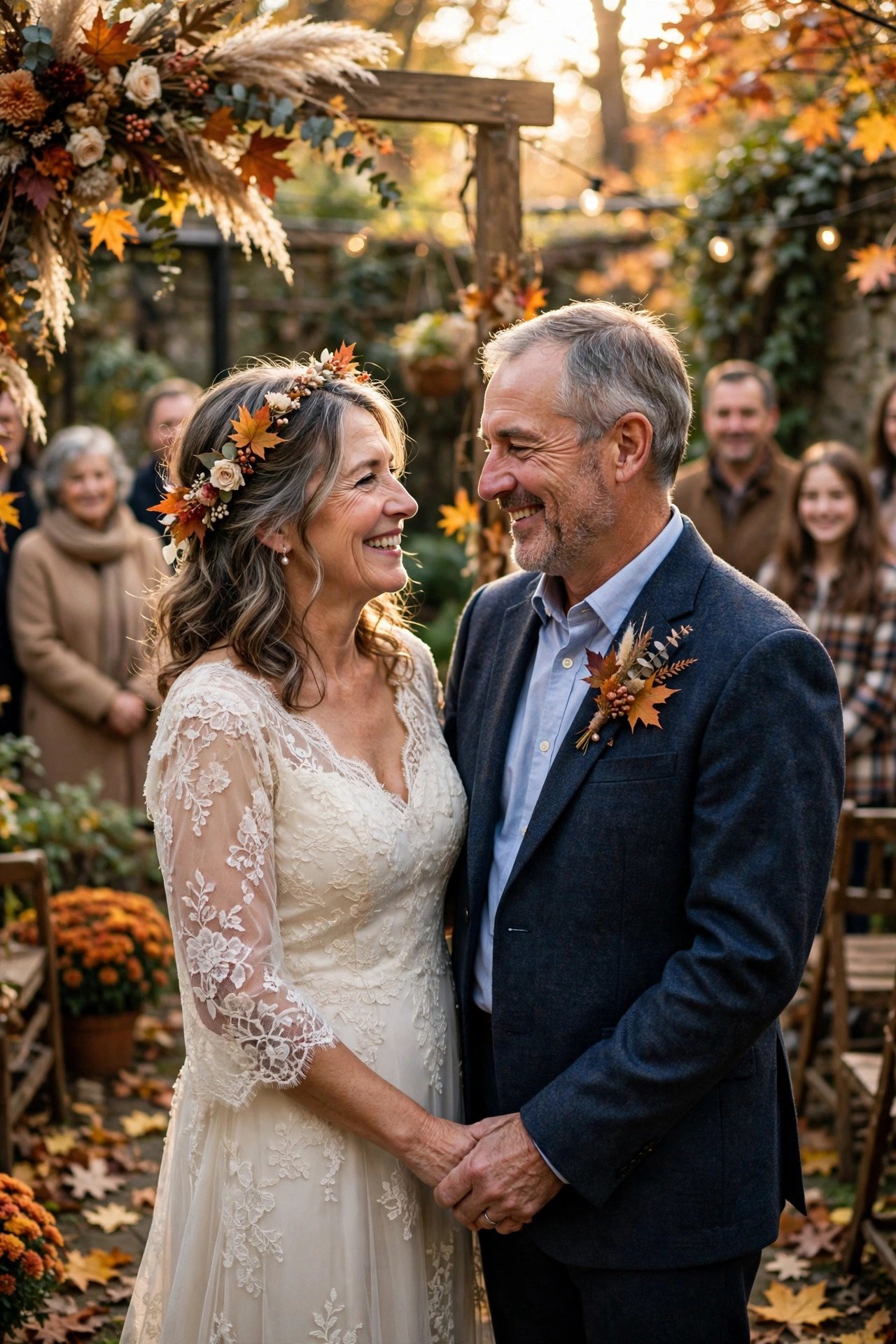 Mature couple marrying again in an intimate garden wedding ceremony