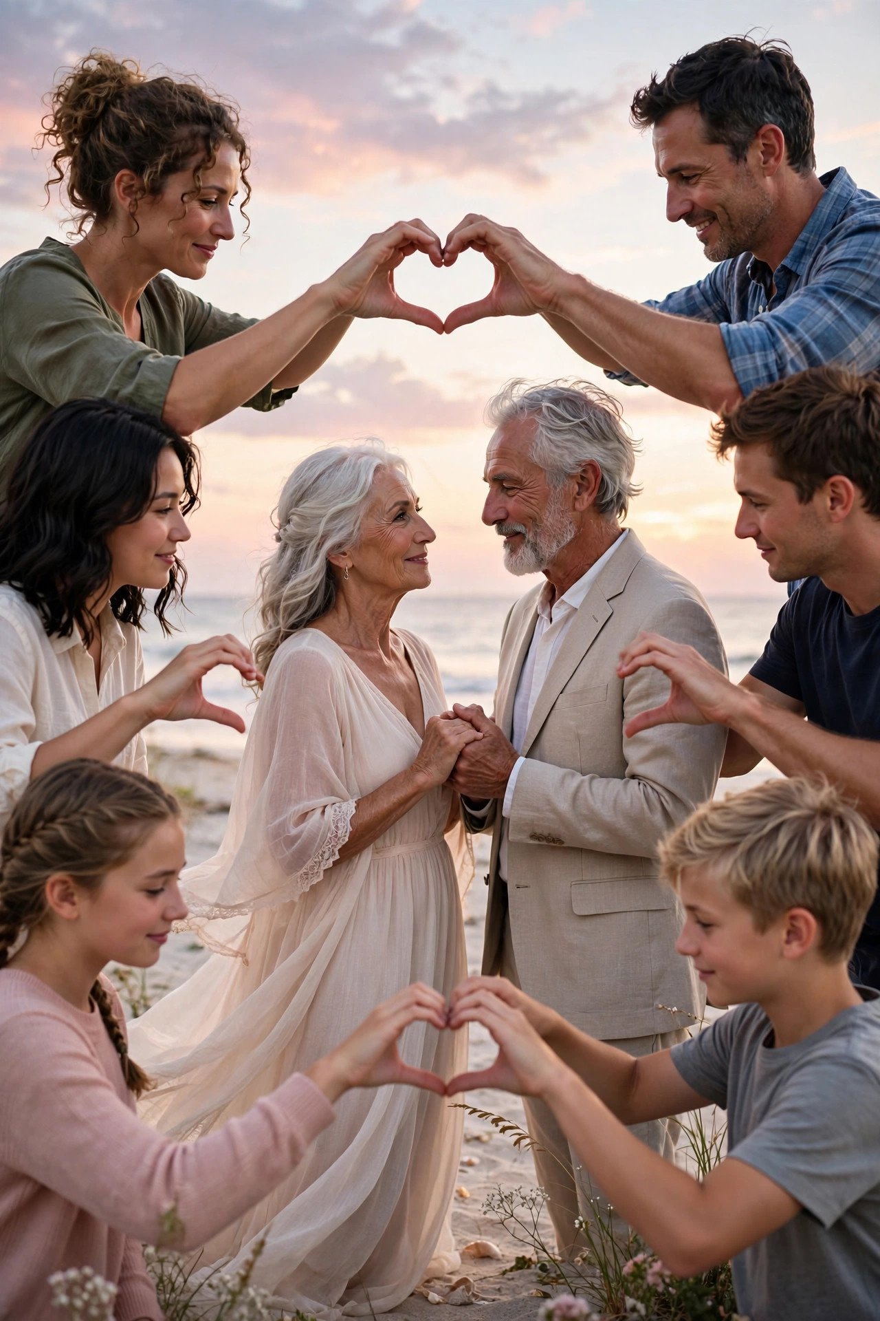 Older couple renewing their wedding vows at a sunset beach ceremony