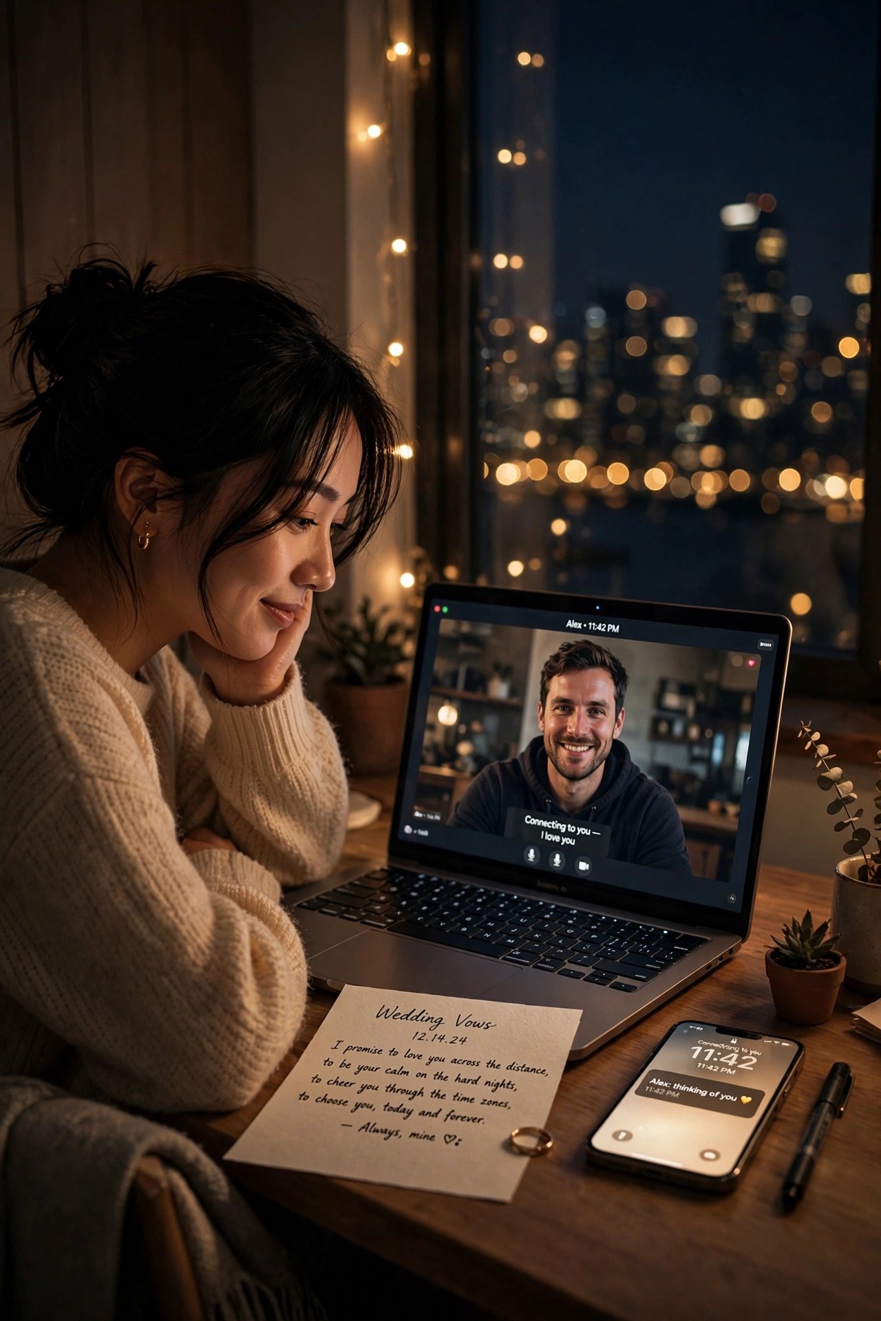 Couple reunited after a long-distance relationship, holding handwritten vows