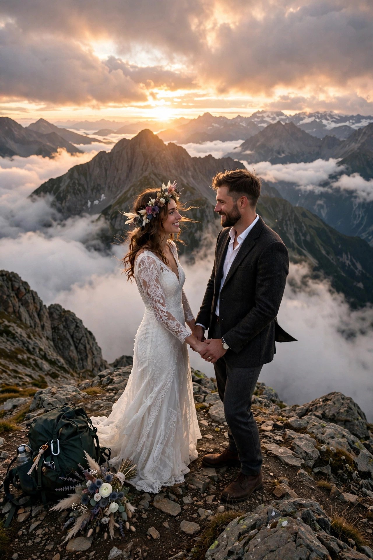 Bride and groom in wedding attire on a mountain summit at sunrise