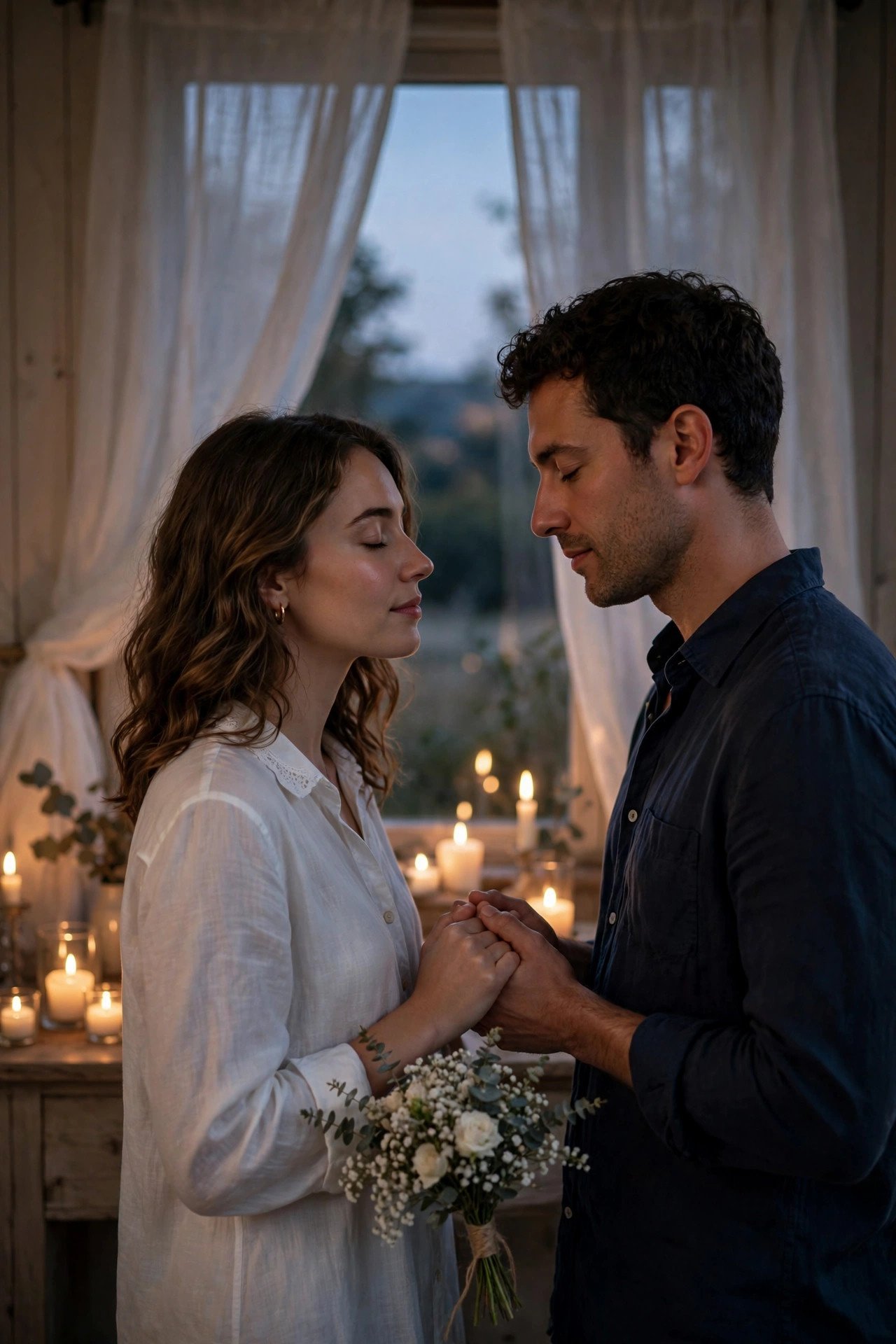 Couple exchanging vows quietly in a candlelit room at dusk