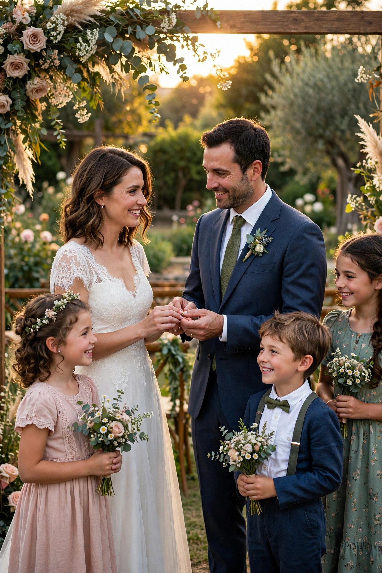 Bride and groom with their children at a blended family wedding ceremony