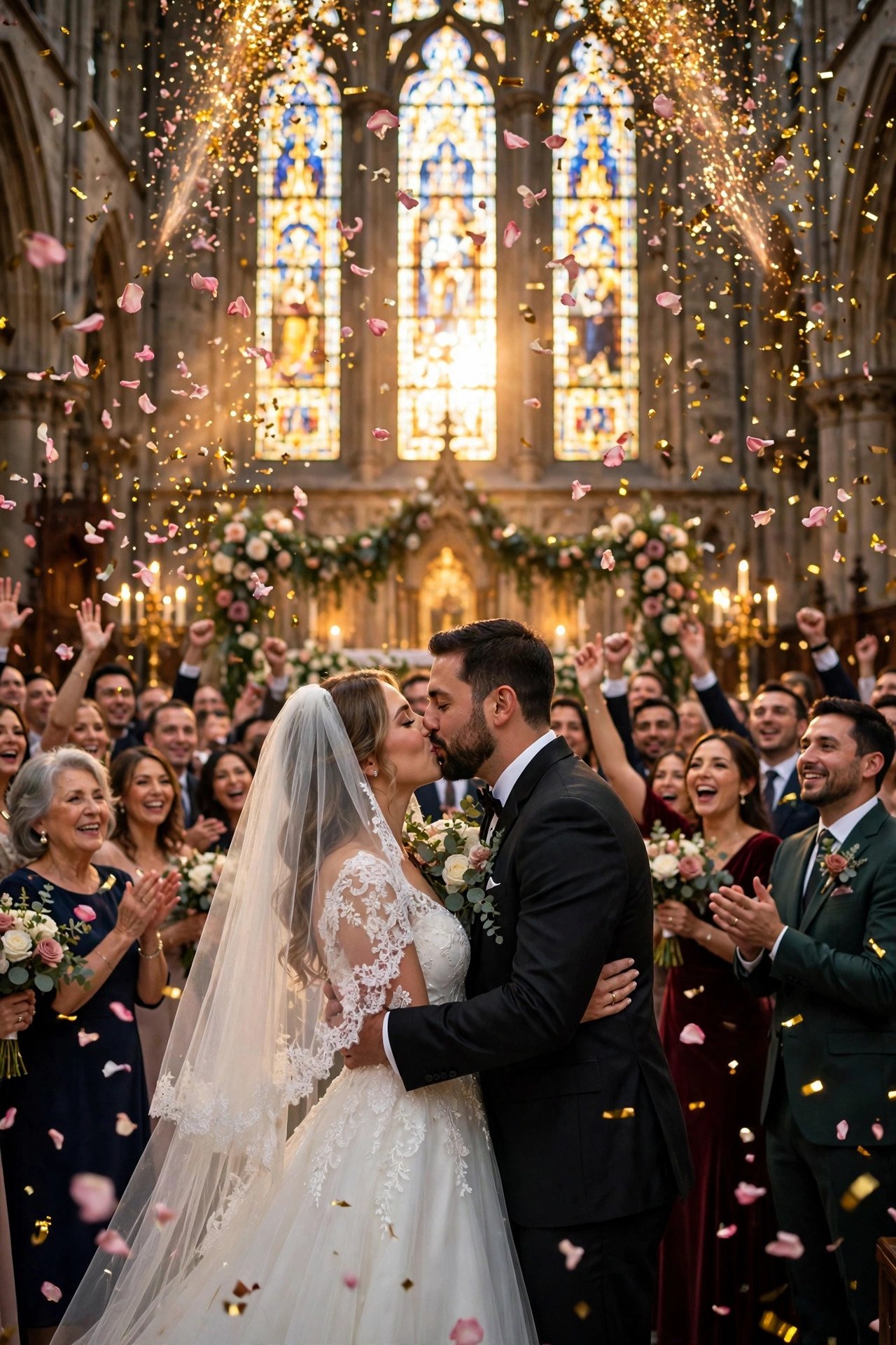 Bride and groom kissing at the altar surrounded by falling rose petals
