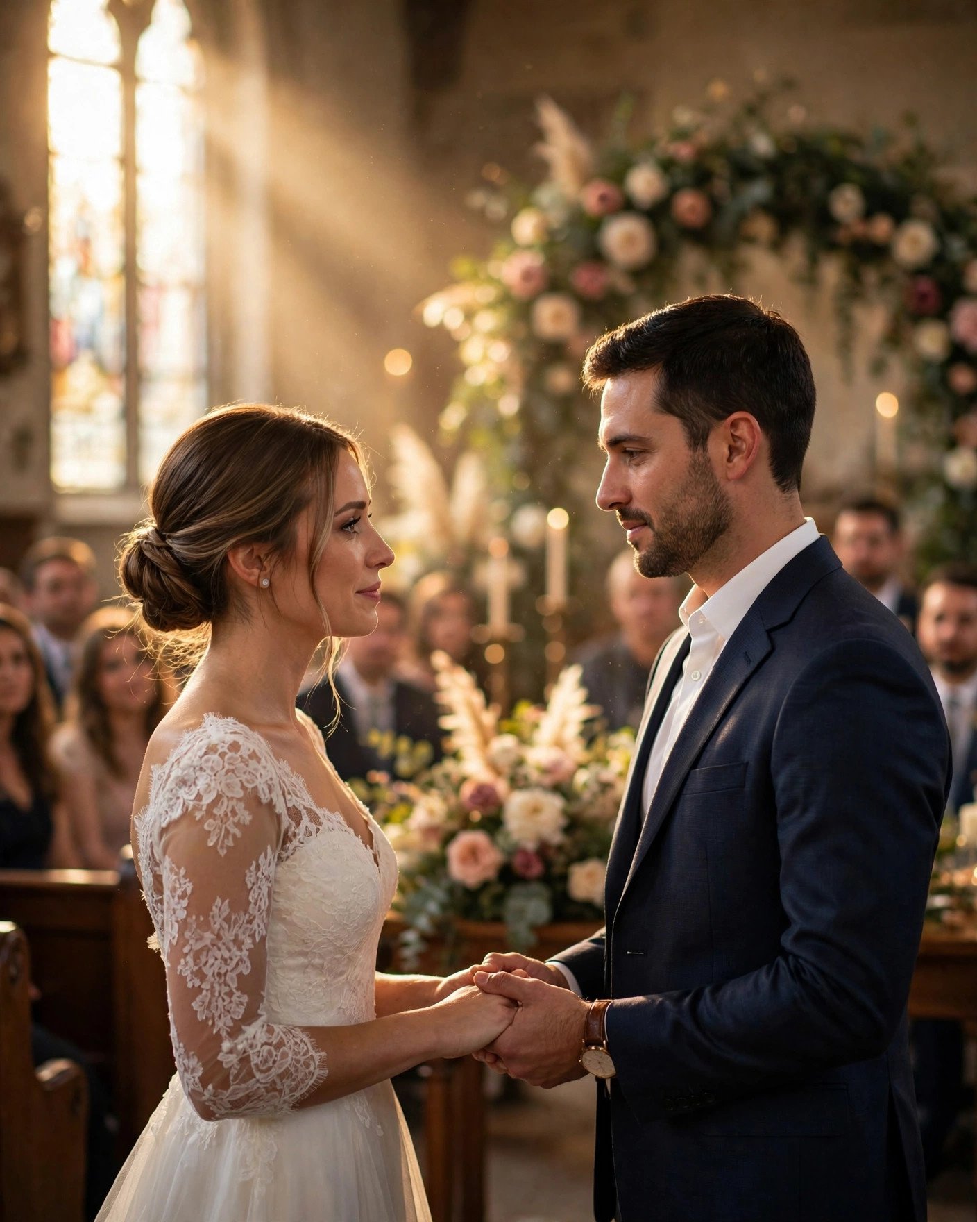 Bride and groom exchanging heartfelt wedding vows at the altar