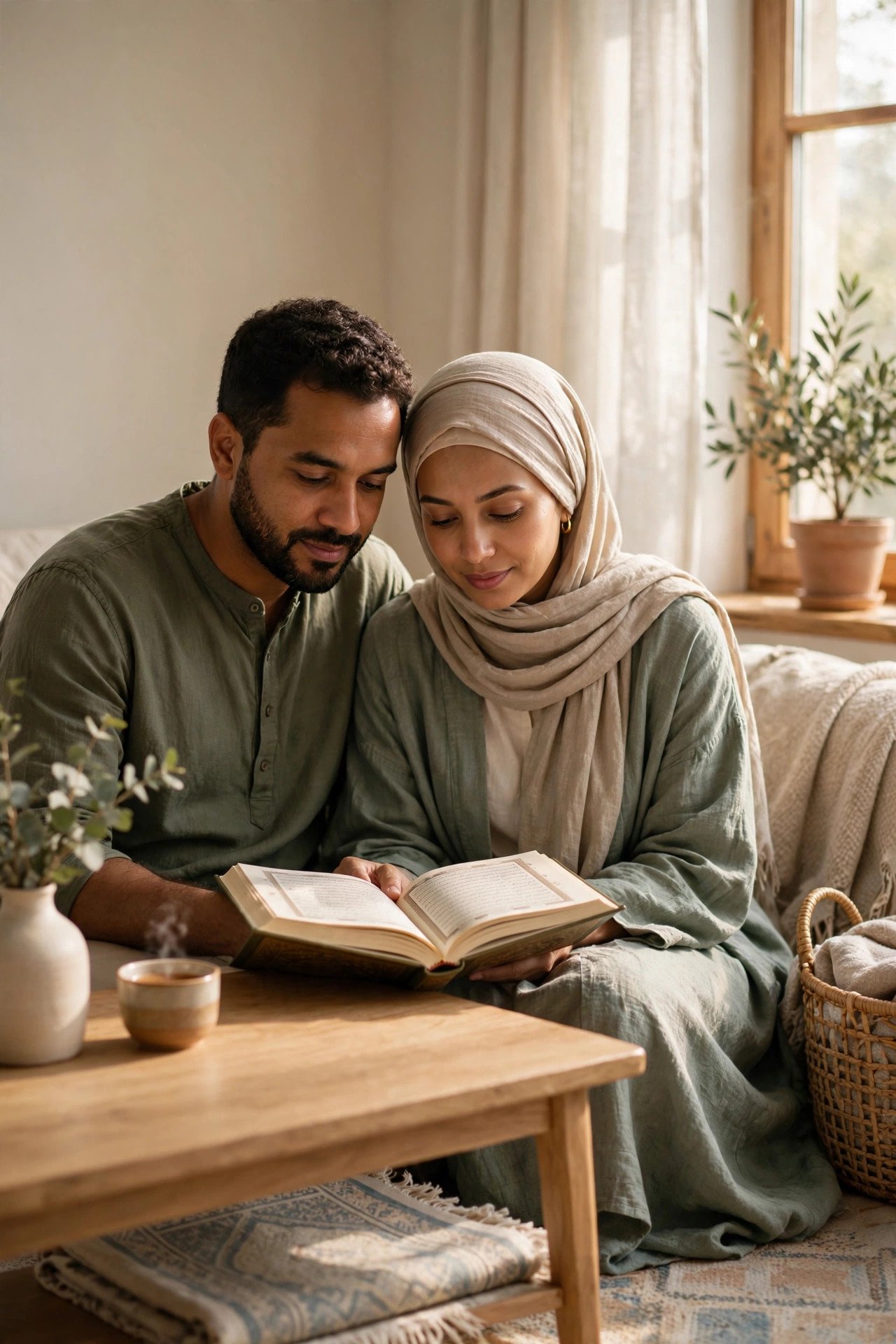 Muslim couple reading the Quran together in a peaceful living room
